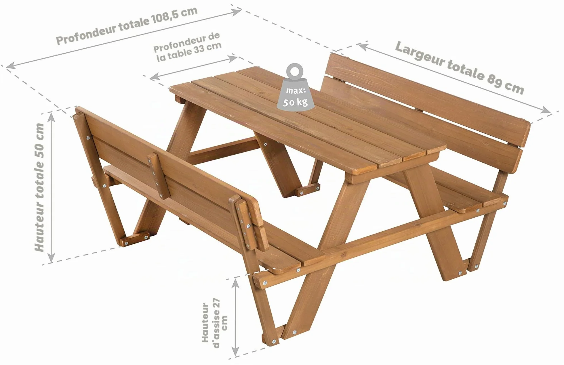 Ensemble de Table et Bancs Picnic 4 Places Bois Massif Résistant aux Intempéries 89 x 107 cm Teinté en Teck