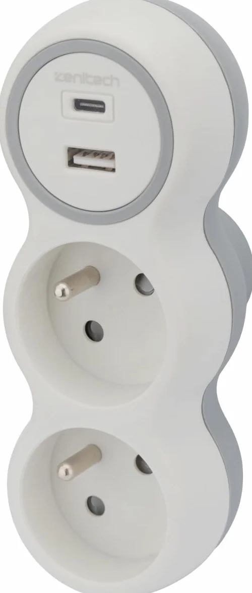 Zenitech Prise 2x16A 2 ports USB A/C Blanc Gris