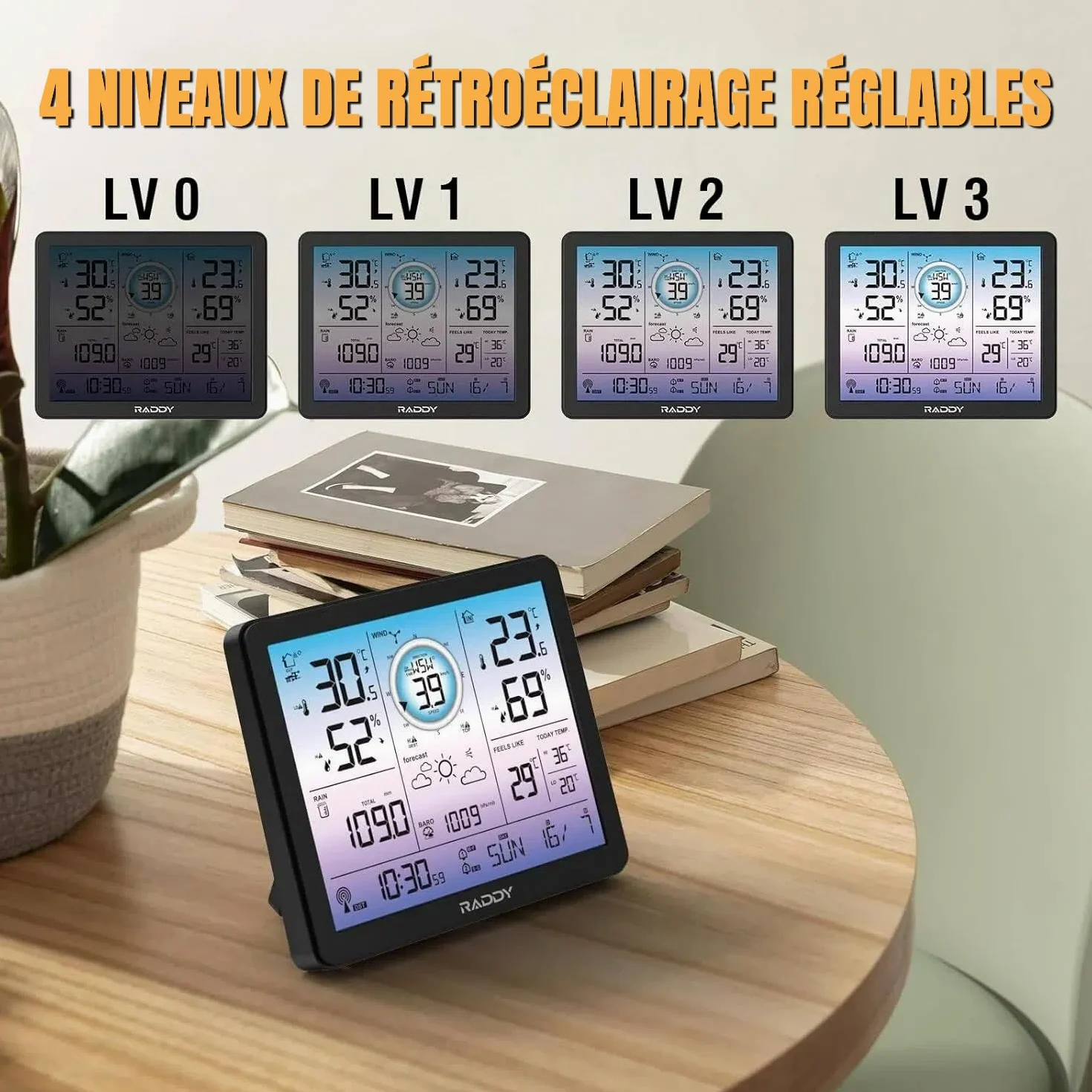 Station météo Raddy VP7 radio avec thermomètre intérieur et extérieur professionnel, écran numérique de 18,8 cm en violet, horloge radio, moniteur de température et d'humidité, prévisions météo et