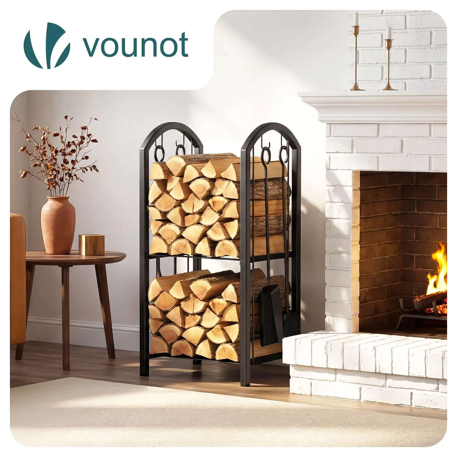VOUNOT Porte Bûches de Cheminée avec 4 Outils et 2 Étagères en Métal Grande Capacité 75x38x38cm Noir