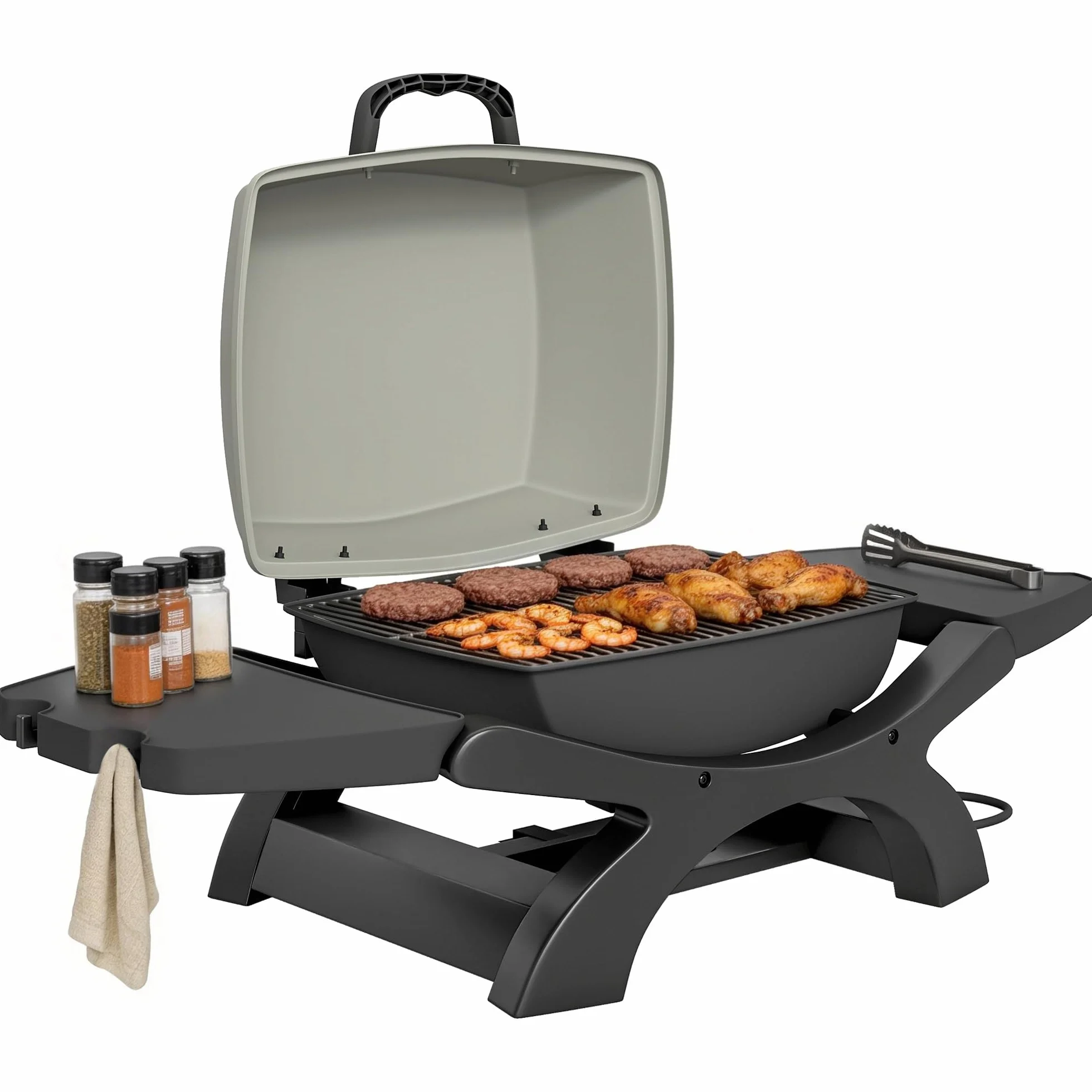 Outsunny Barbecue électrique extérieur 2300W portable avec grilles émaillées, barbecue de table, étagères latérales amovibles, crochets, bac de récupération, pour terrasse, balcon, petit espace, noir