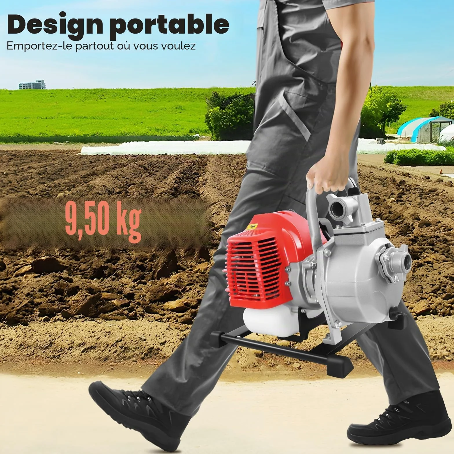 Pompe à eau essence 1,7 CV 1 pouce moteur 2 temps base métal hauteur extraction 30 m