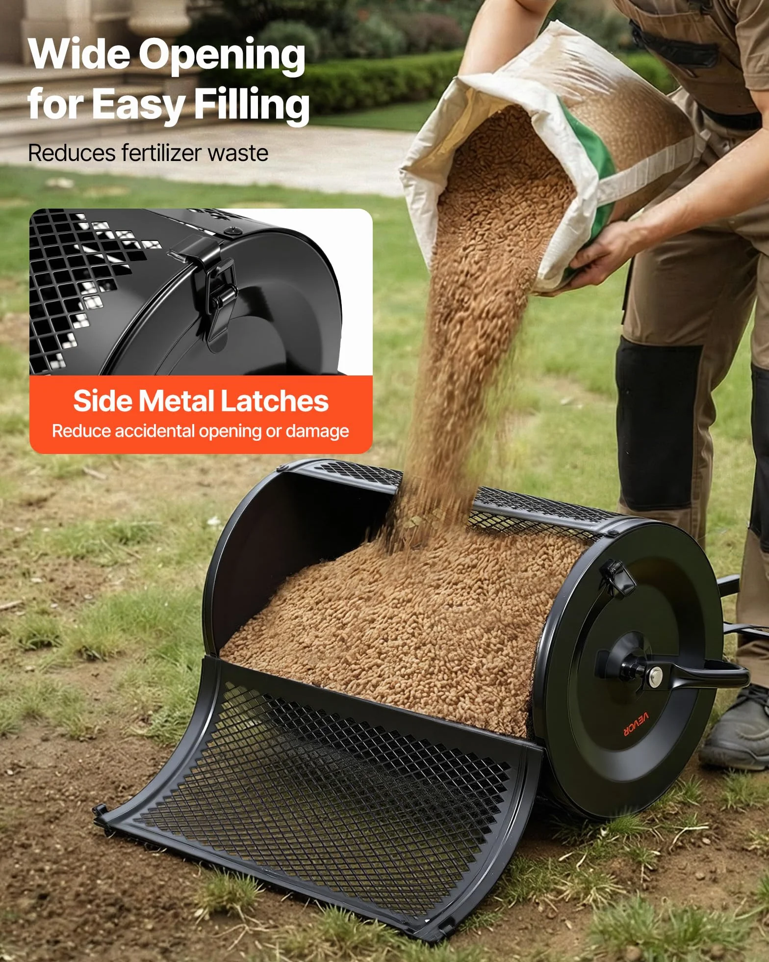 VEVOR Rouleau Épandeur à Compost 61 cm Épandeur Mousse de Tourbe à Rouleau Treillis pour Épandage Gazon Fumier, avec Poignée à Pousser et à Remorquer, 4 Hauteurs Réglables, Acier Thermolaqué, Noir
