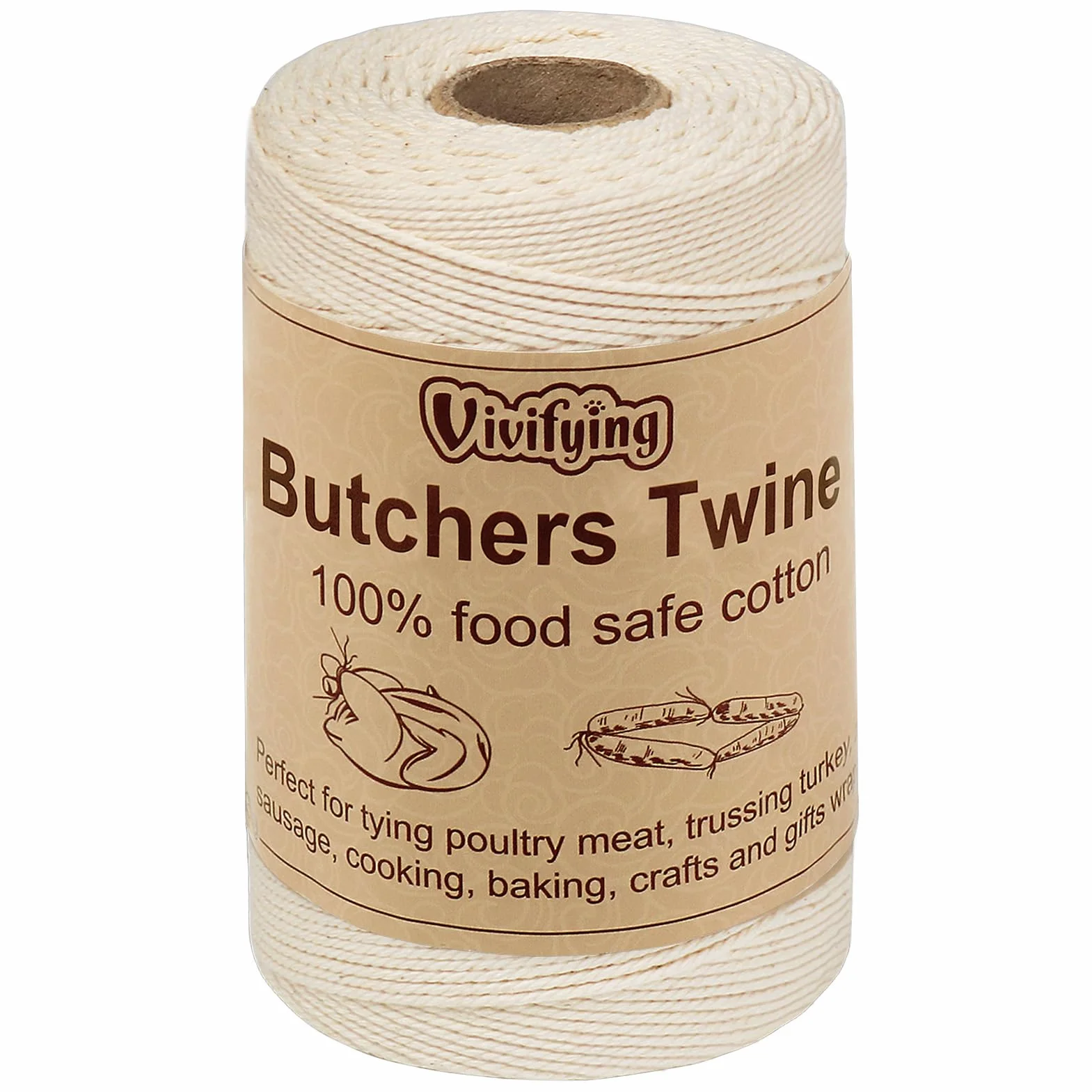 Vivifying Ficelle de Boucher 200 m, Fil de Coton 3 Plis de Qualité Alimentaire pour la Cuisine, Idéale pour Ficeler la Volaille, Les Saucisses, Les Travaux Domestiques, Le Bricolage et la Décoration