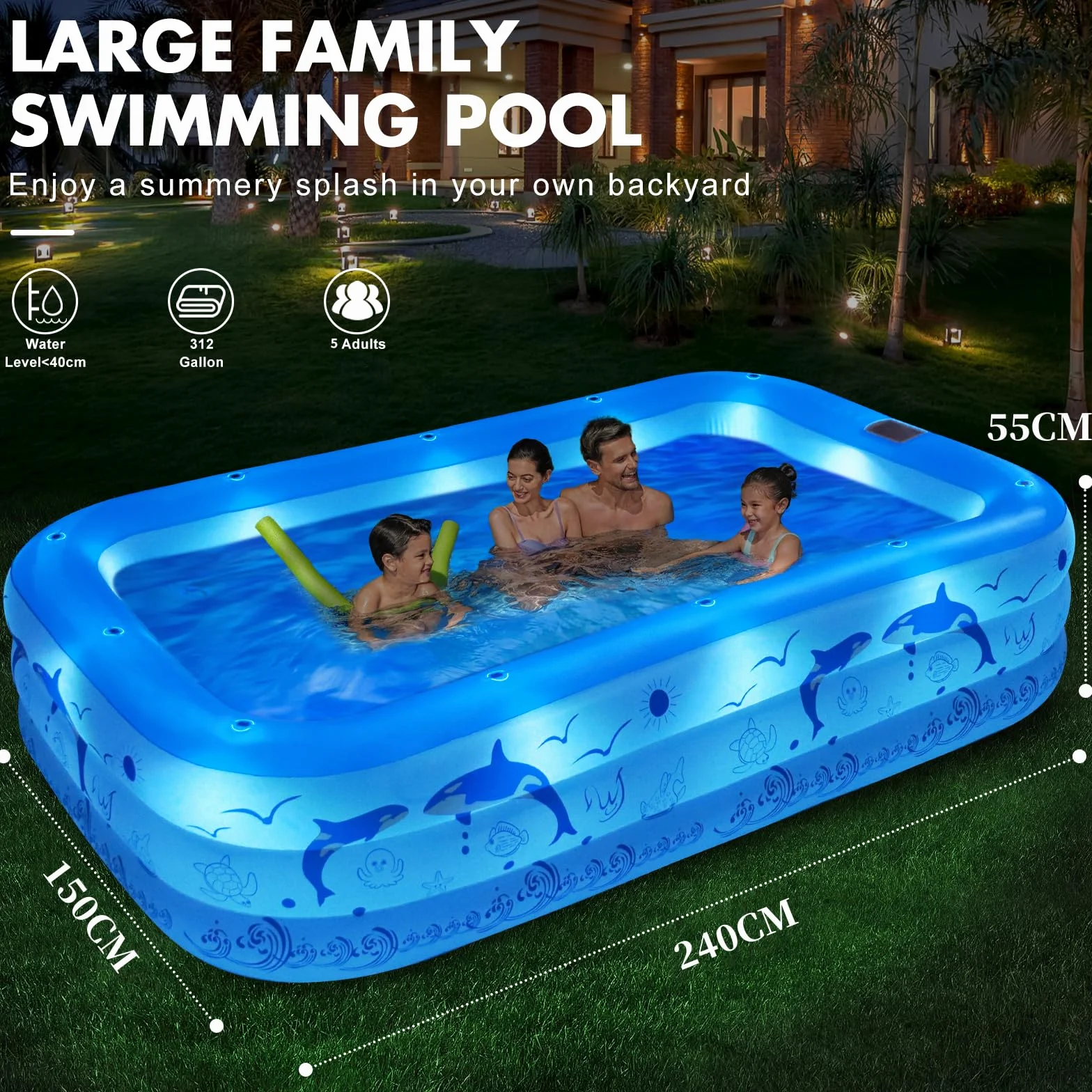Piscine Gonflable Adulte avec Lumières 12 Modes, 240x150x55cm LanOcean
