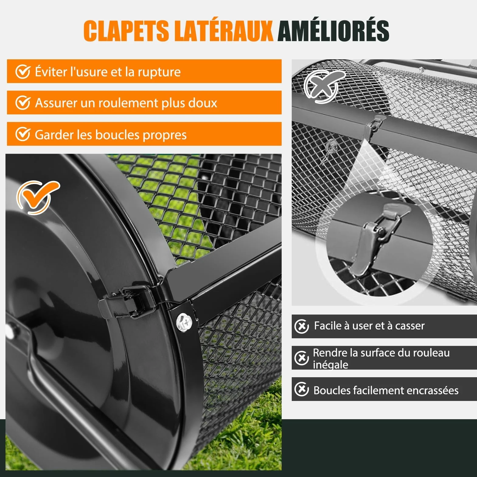 GOPLUS Épandeur de Compost d68cm pour Pelouses et Jardin, Capacité 75L, Épandeur en Treillis Métallique avec Double Loquets Latéraux, Épandeur de Fumier, de Terreau et de Paillis Roulant (Noir)