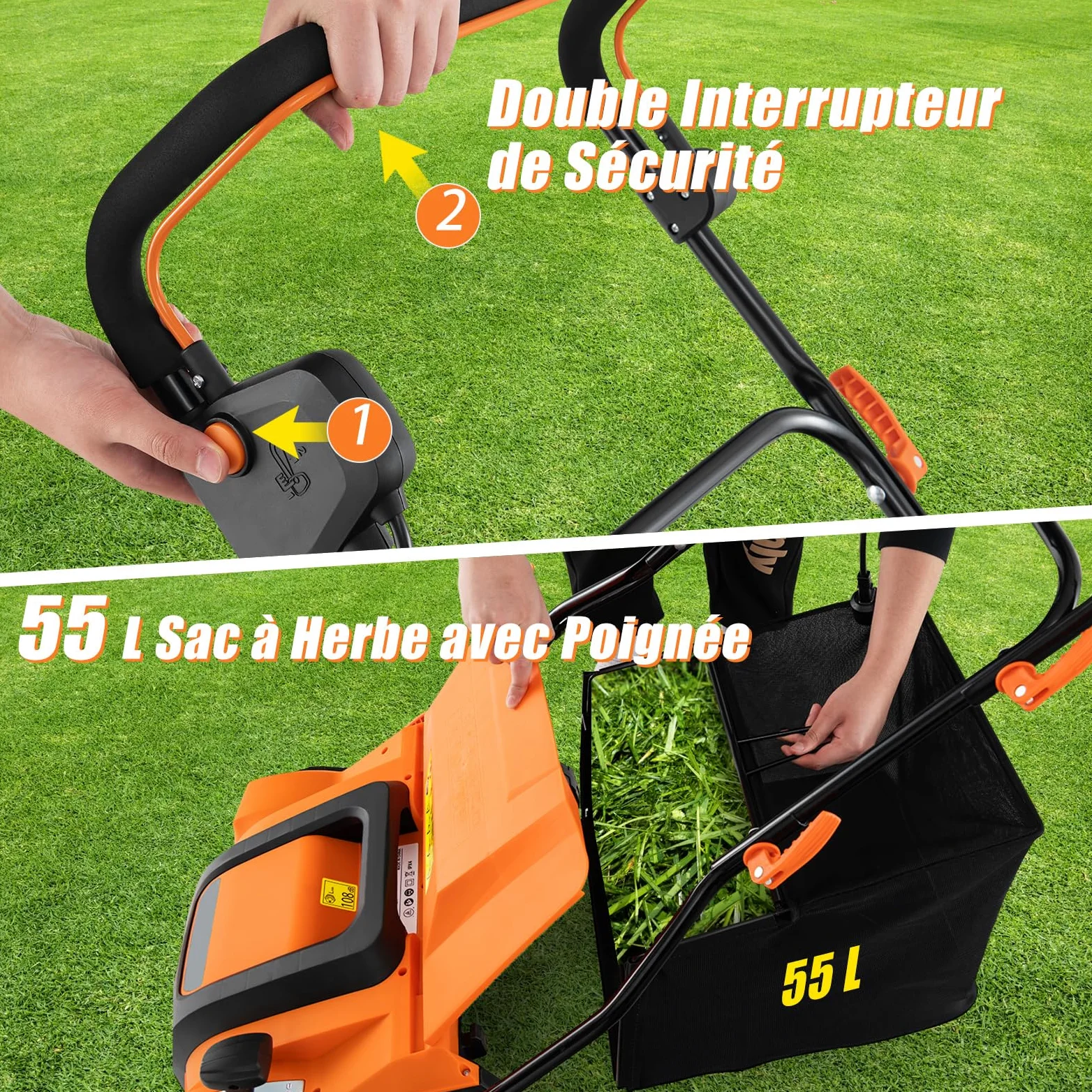 GOPLUS 2 en 1 Déchaumeuse Scarificateur Electrique 2000W, Largeur de Travail 40cm, 3500rpm, 5 Profondeurs Réglable, 3 Hauteurs Poignée, Sac 55L Amovible, Râteau Electrique Pliable Pelouse 800㎡(Orange)