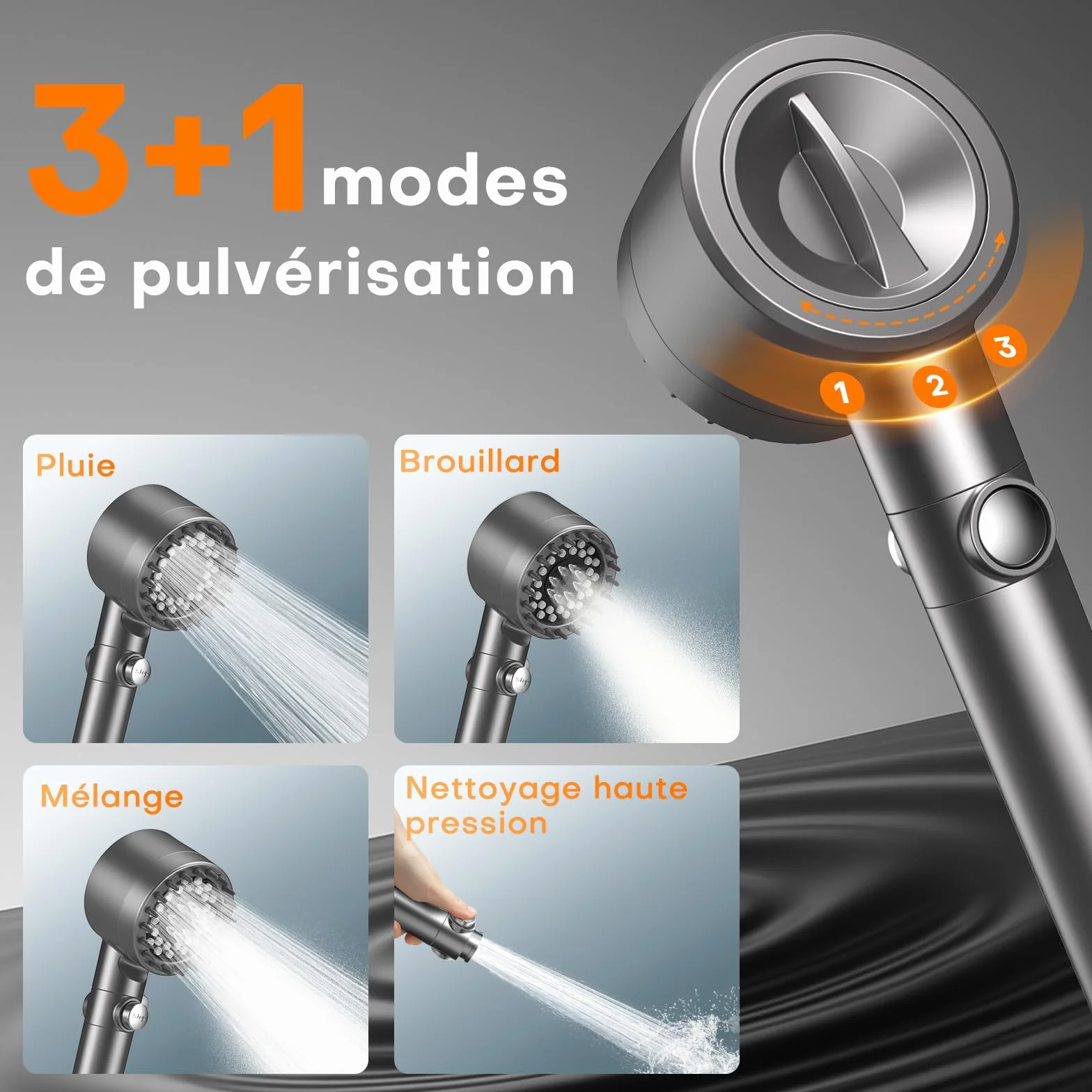FEELSO Pommeau de Douche Anti Calcaire avec Filtre 15 Couches, 3+1 Jets Haute Pression, Stop Eau, Économie d'Eau (Gris)