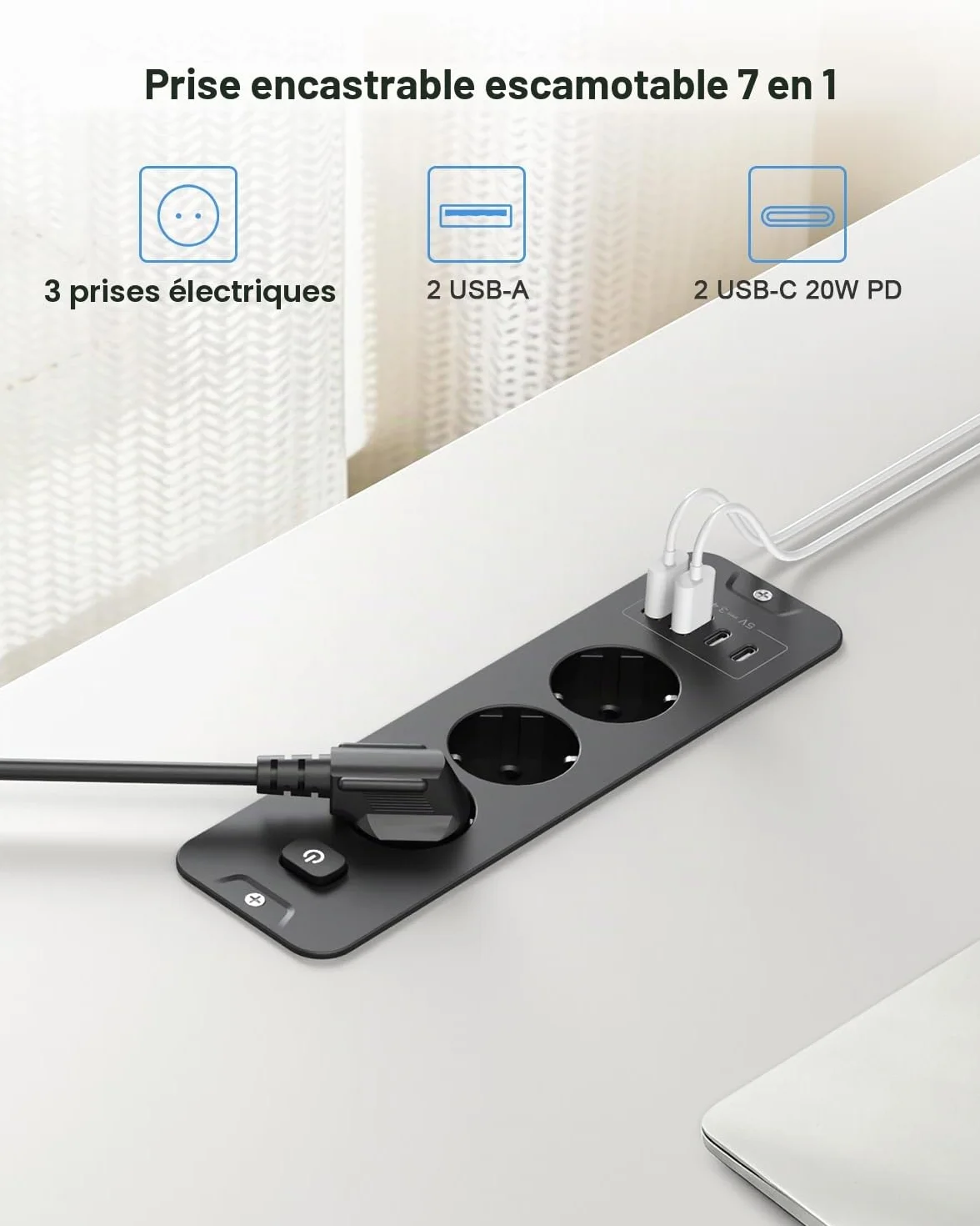 Prise encastrée USB 4 ports USB C PD 20W escamotable pour bureau armoire noir