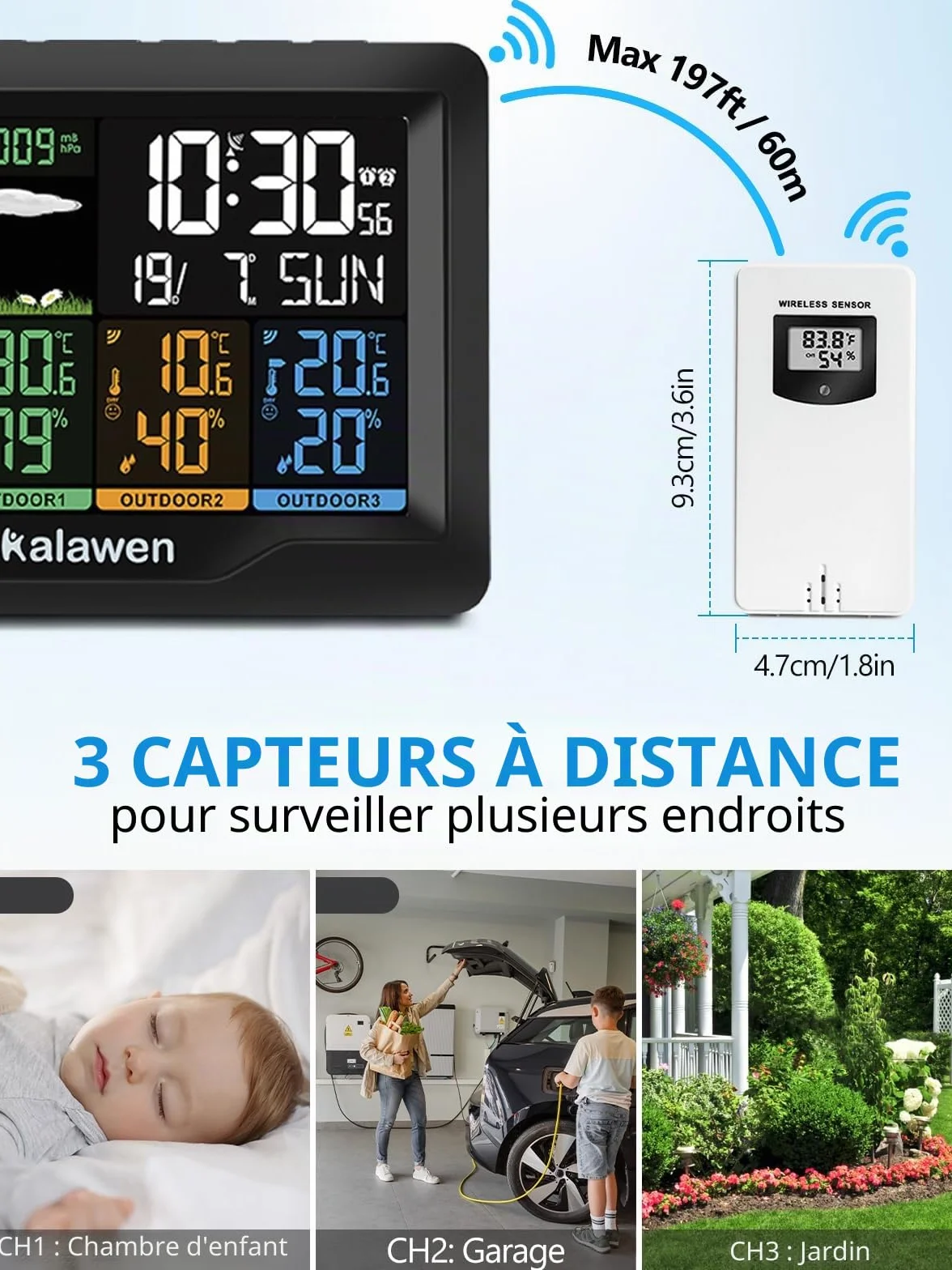 Station météo sans fil avec 3 capteurs extérieurs, réveil DCF, baromètre, thermomètre hygromètre