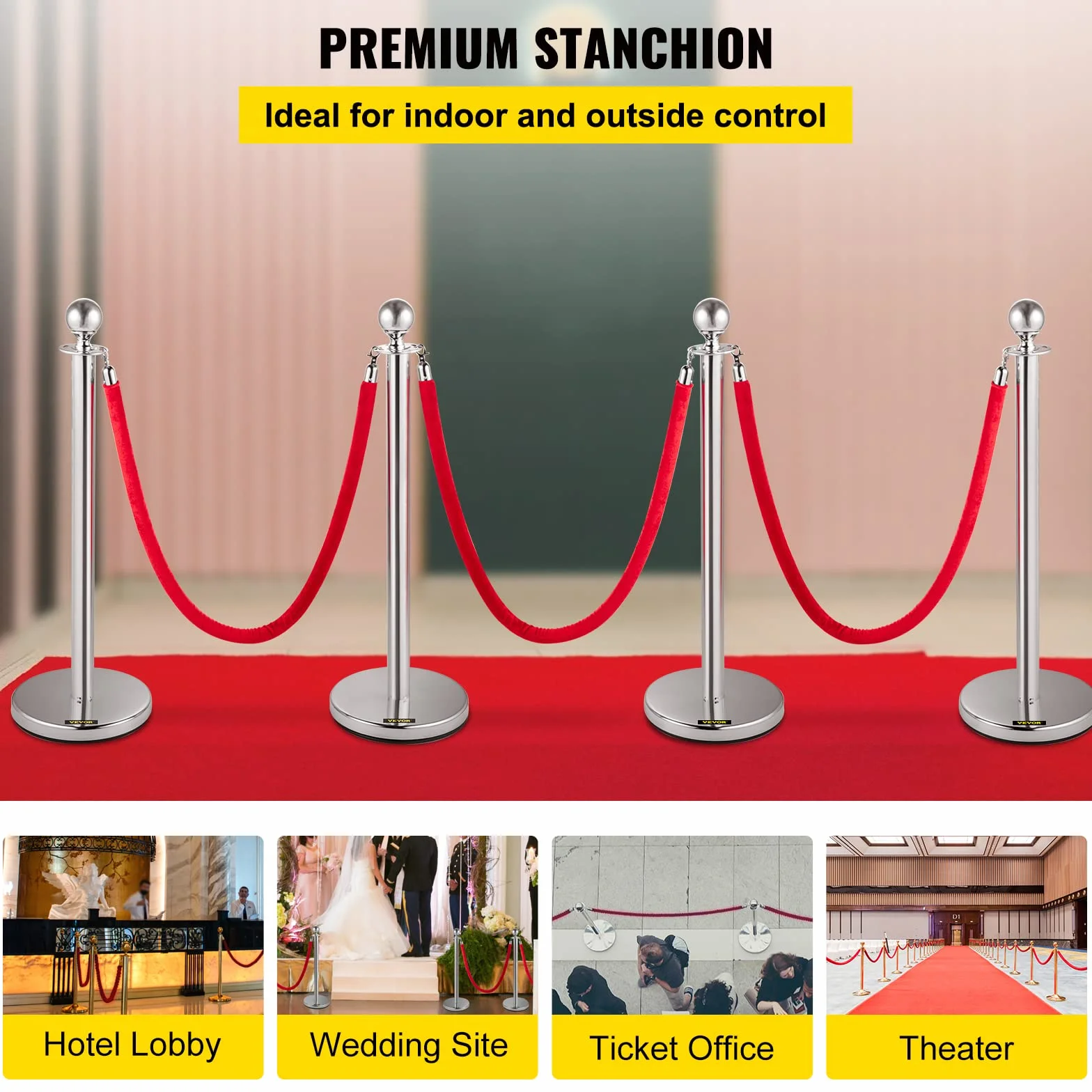 VEVOR 4 Poteaux de Guidage Séparation Argenté avec Cordes Velours Rouges 1,5 m, Barrière de Queue Hauteur 96 cm