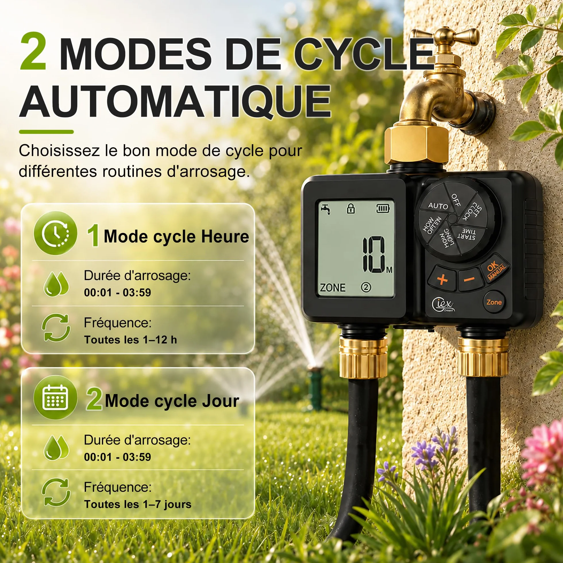 GIEX Ordinateur d'arrosage 2 voies, minuterie d'arrosage rechargeable 2 zones avec connecteur en laiton, minuterie d'eau programmable avec IP66, retard de pluie et irrigation manuelle pour jardin