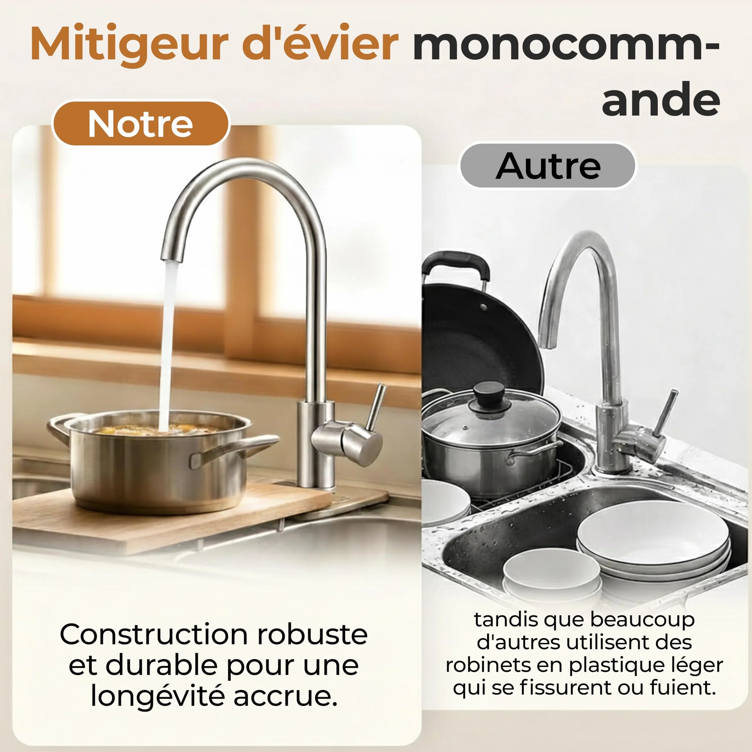MELTA Mitigeur Évier Arc Élevé Acier Inoxydable Robinet Cuisine Pivotant 360° Levier Unique Chrome Poli