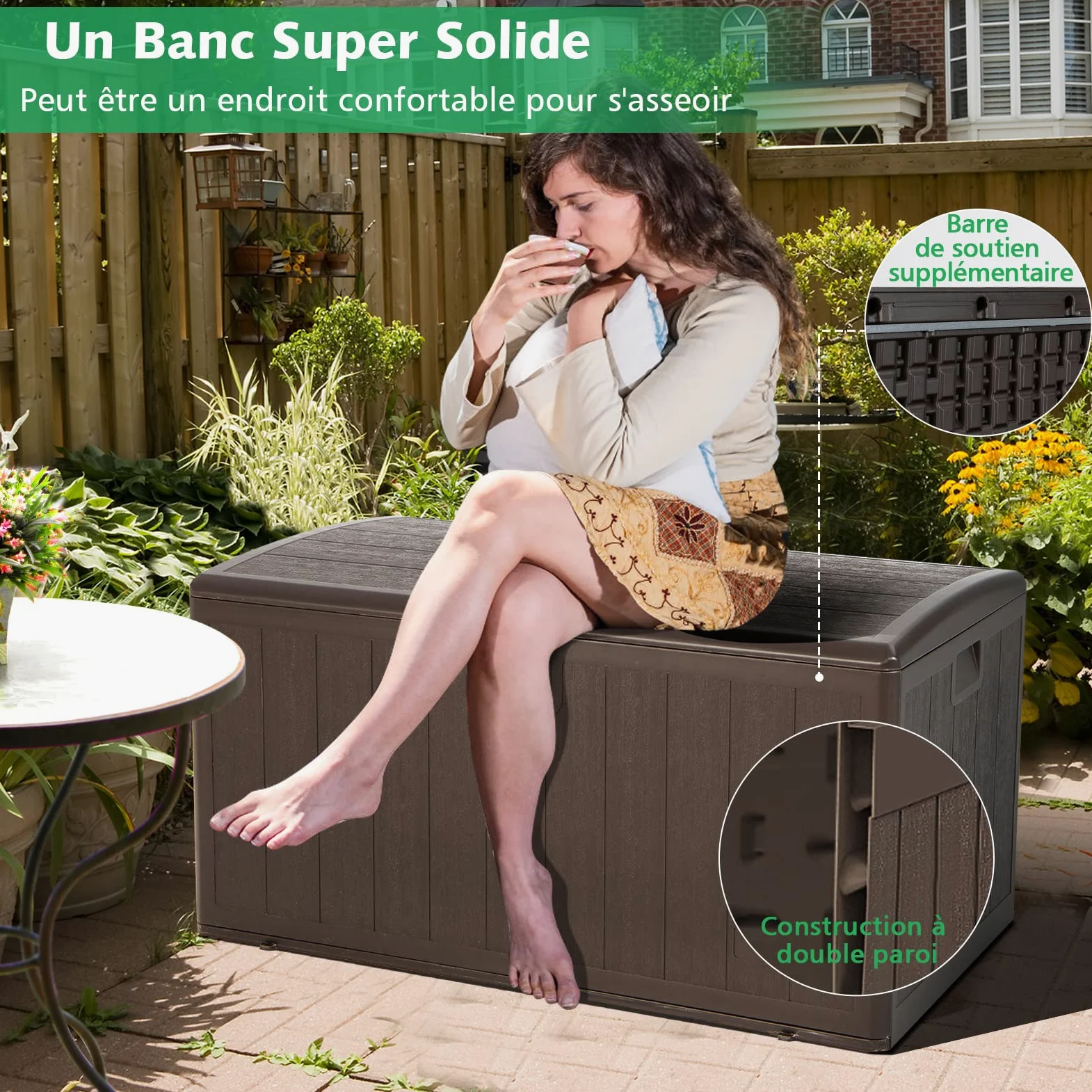 GOPLUS 400 L Coffre de Jardin Extérieur, Coffre de Rangement pour Patio avec Couvercle Verrouillable pour Maison Piscine Jardin,128 x 64 x 64 cm,