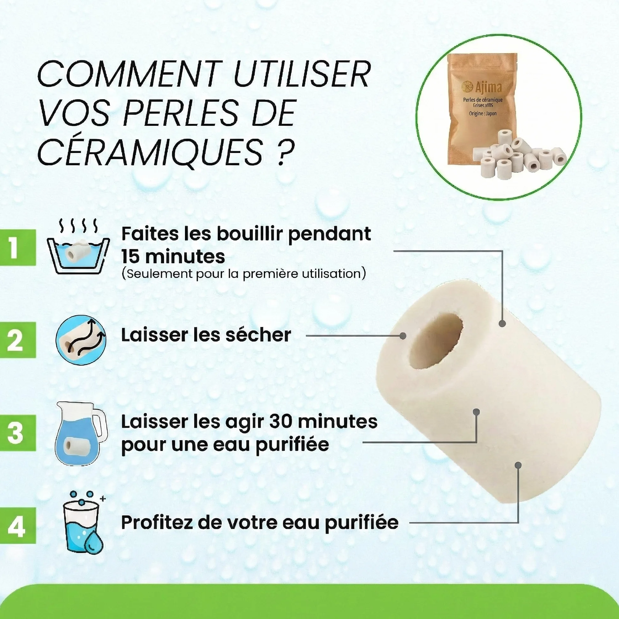 Perles de Céramique Grises Fermentées – Filtre à Eau Naturel Anti-Calcaire pour Carafe, Bouilloire, Gourde, Lave-Linge
