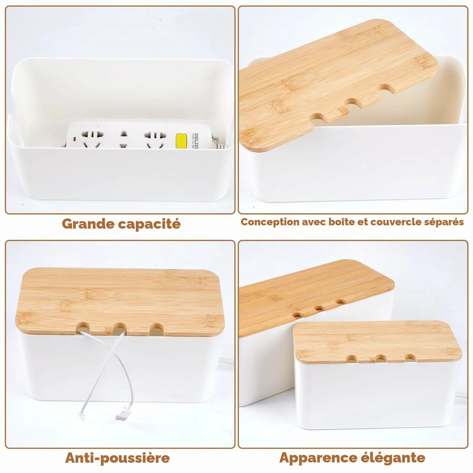 Boite Rangement Cable 3 Pièces avec Couvercle Bois Perforé, Cache Multiprise Electrique Blanc
