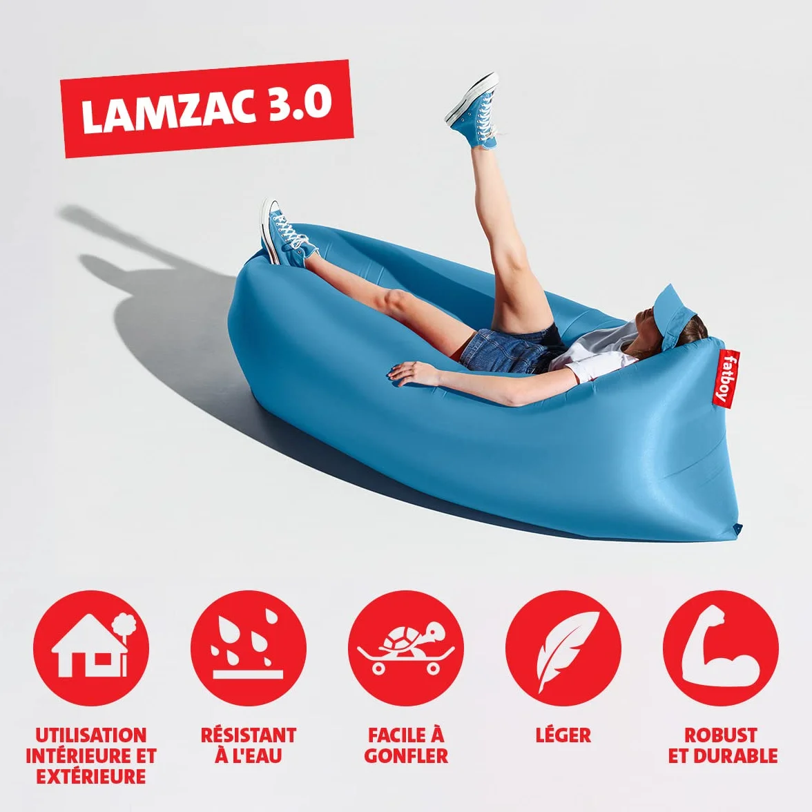 Fatboy Lamzac 3.0 Canapé Gonflable - Sofa pour l'Intérieur et l'Extérieur - Pas de Pompe Nécessaire - Fauteuil Gonflable en Polyester Résistant à l'Eau & aux Salissures - 200 x 90 x 50 cm - Bleu Brume
