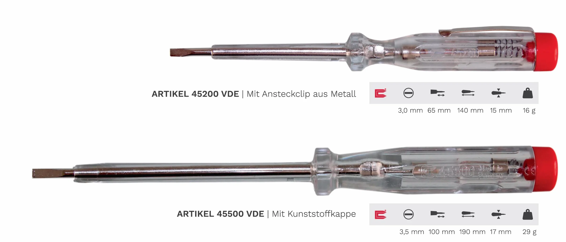 H+H Werkzeug Testeur de tension VDE 45200/45500 2 pièces 250 V Certifié GS Fabriqué en Allemagne