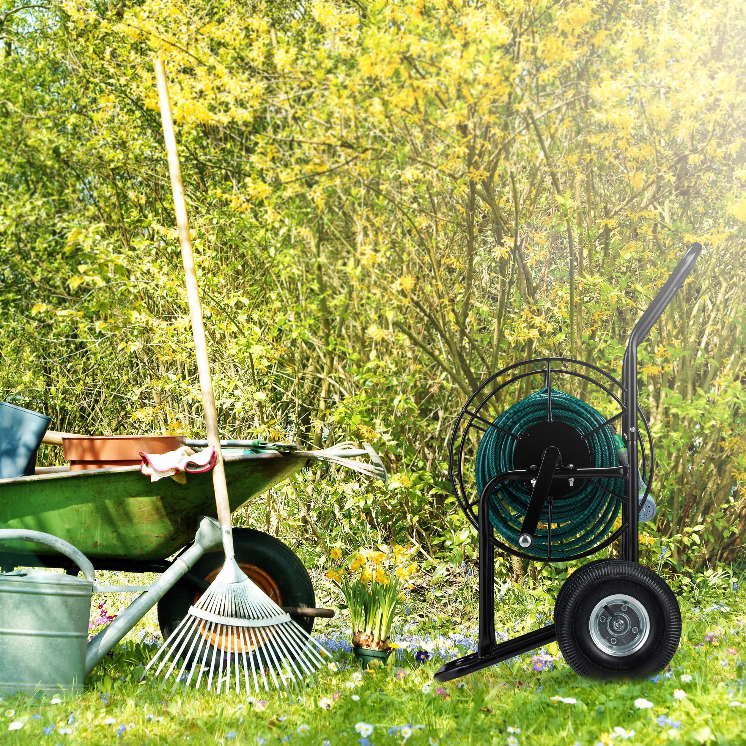 Relaxdays Chariot pour Tuyau, Tambour Mobile, Connexion 1/2 & 3/4 de Pouce; Jusqu’à 80 de Long, 2 Roues, métal, Noir