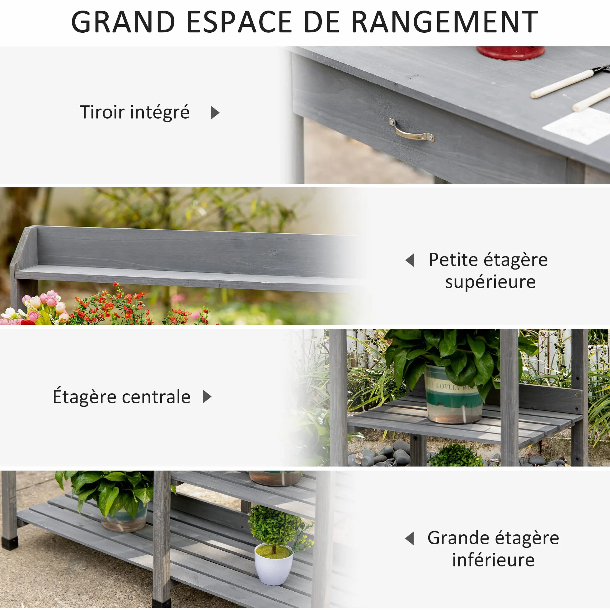 Outsunny Table de rempotage Multi-équipée Jardinage Bois Sapin Gris avec tiroir étagères évier Crochets