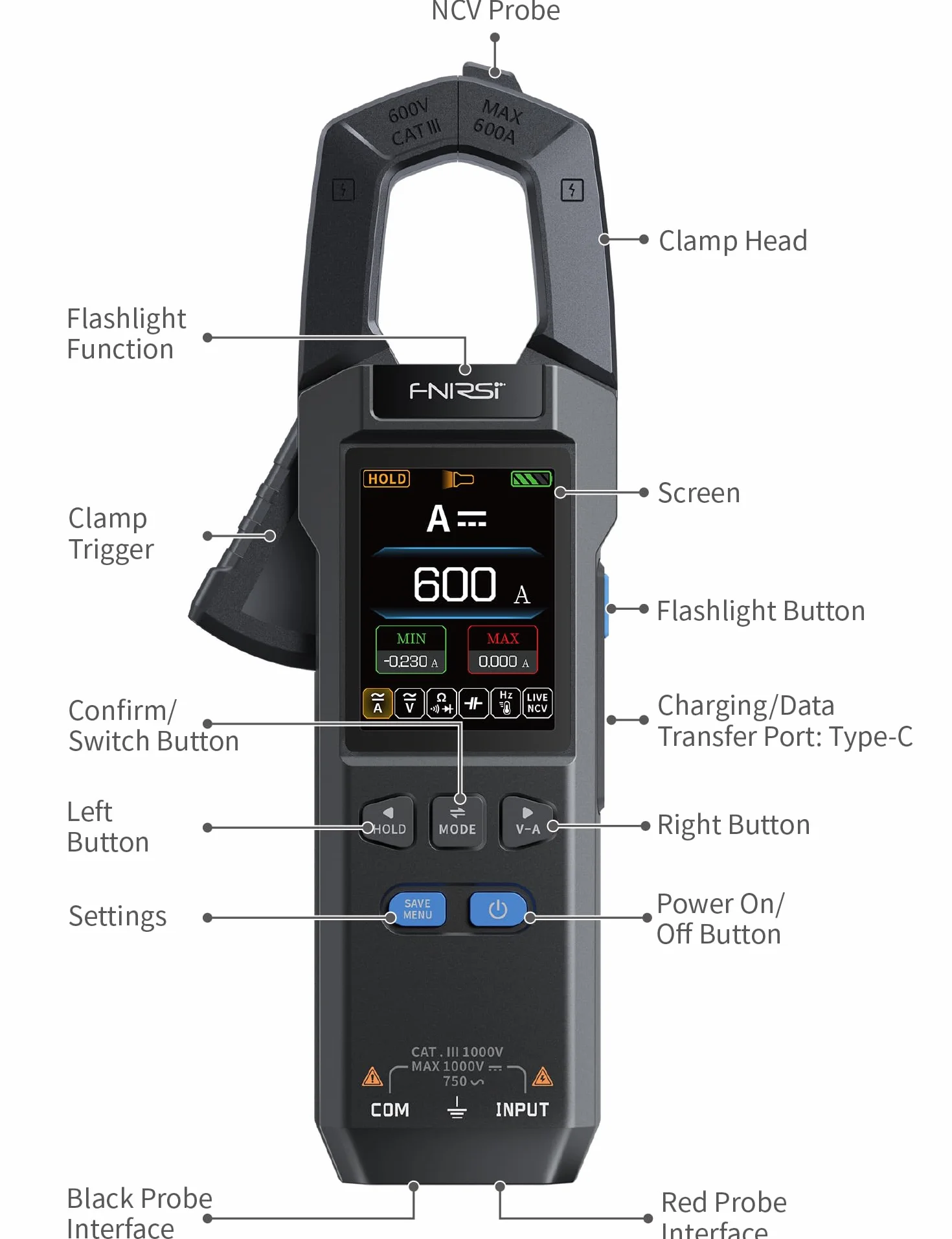 FNIRSI DMC-100 Pince Ampèremétrique Numérique Multimètre TRMS 9999 Points 600A Rechargeable NCV Tension CA/CC Courant Continuité