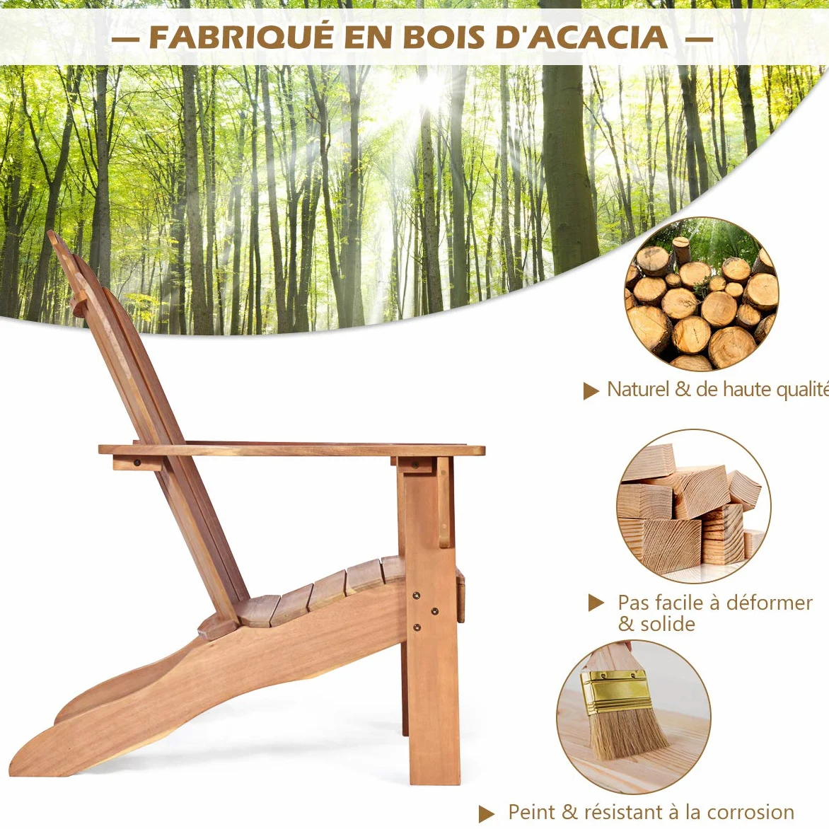 GOPLUS Fauteuil Jardin Exterieur avec Dossier Incurvé, FSC 100%,Fauteuil Adirondack en Bois Massif, Chaise Adirondack, Charge 180 kg, Idéal pour Jardin, Terrasse, Piscine (69x88x103CM,Naturel,1)