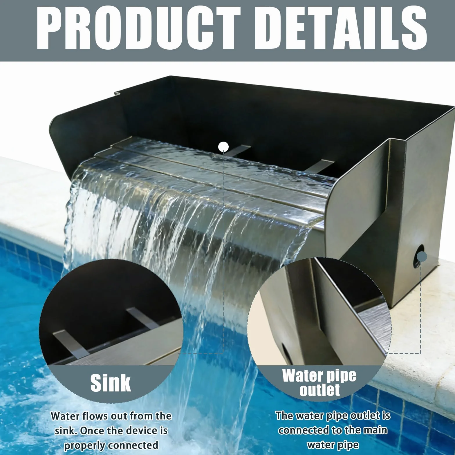 Cascade pour Bassin de Jardin 30 cm Acier Inoxydable Fontaine Décorative Extérieur sans Pompe