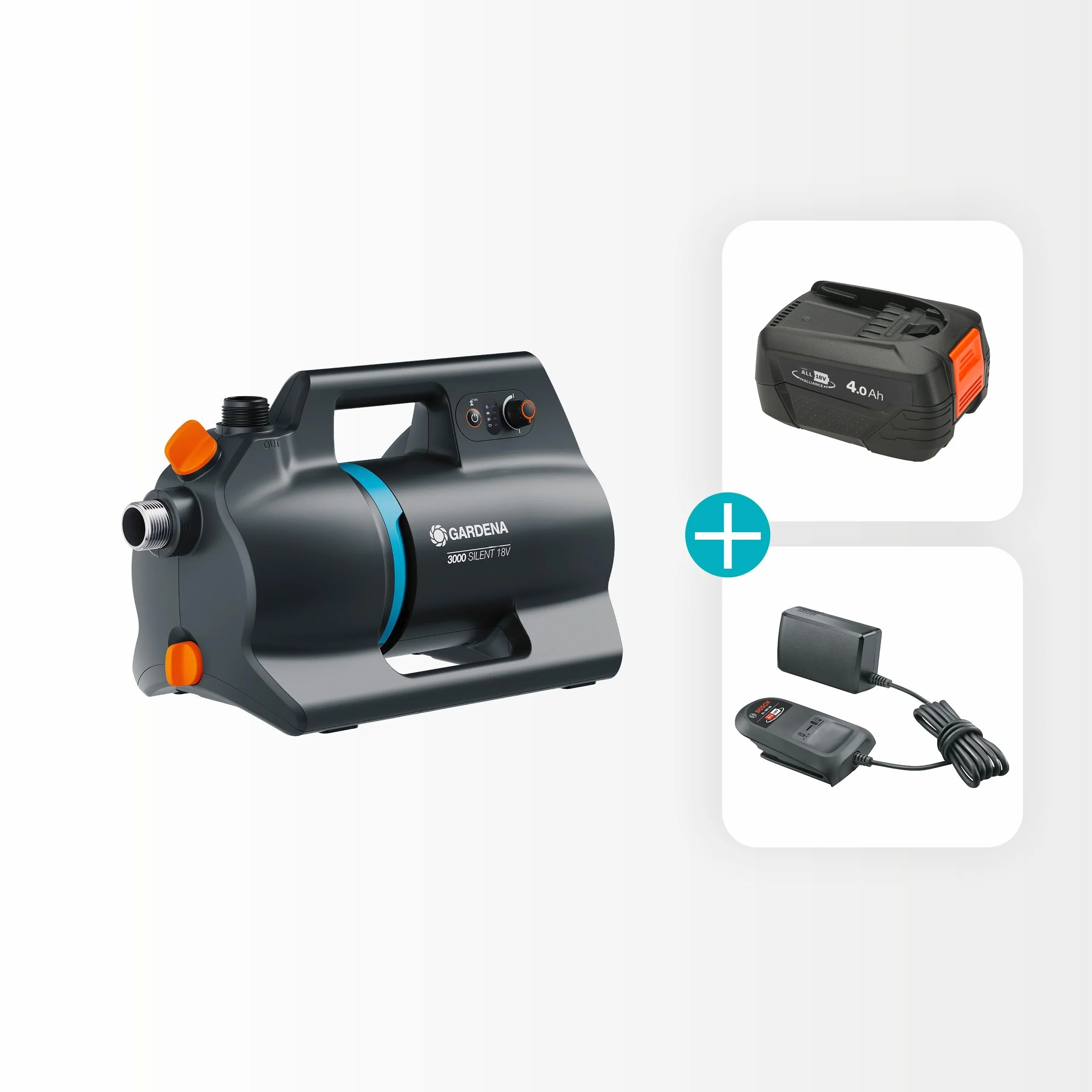 Gardena Pompe de jardin sur batterie 3000 Silent 18V P4A Kit prêt à l'emploi