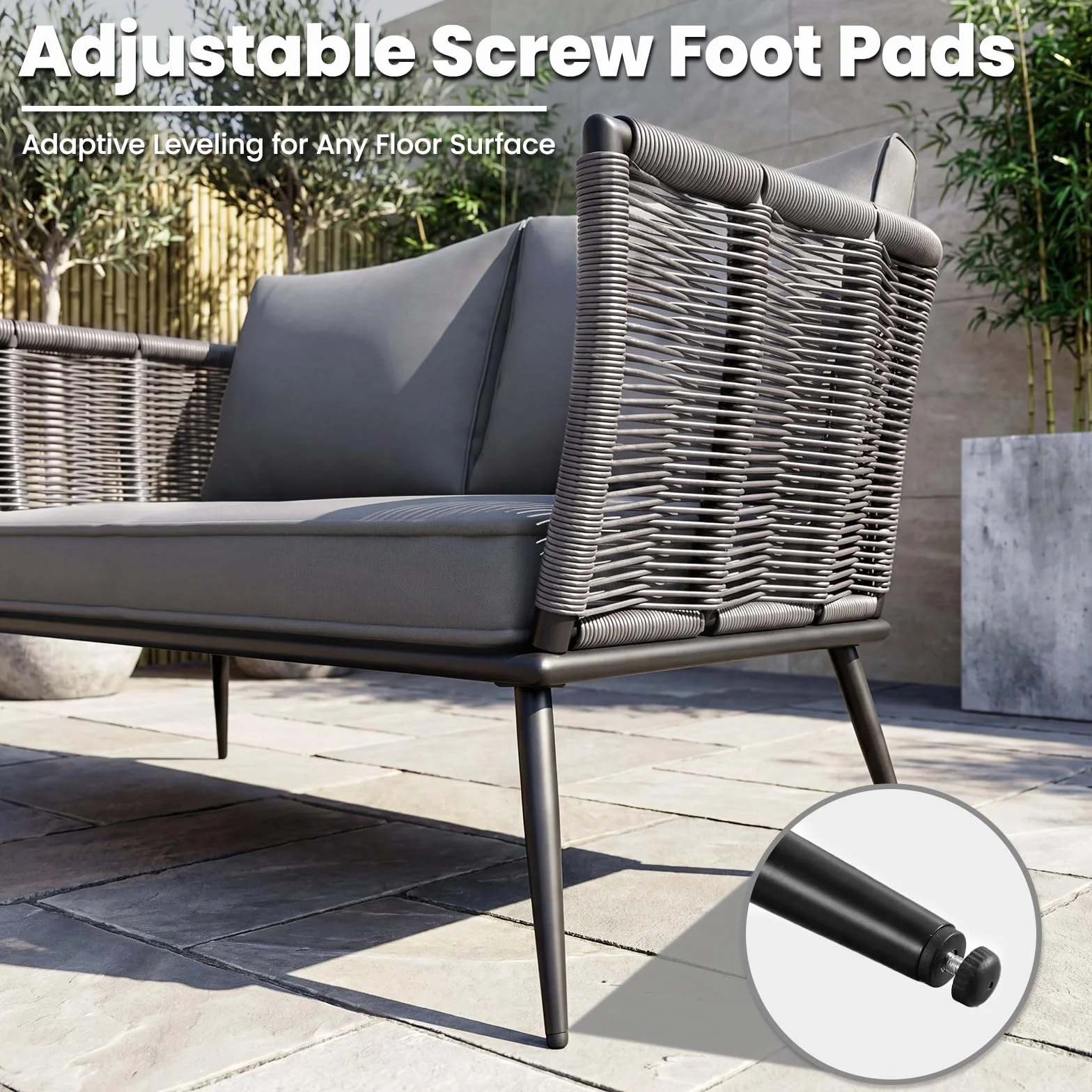 LIFERUN Canapé de Jardin 2 Places en Résine Tressée avec Coussins d'Assise et de Dossier, Banc de Jardin avec Accoudoirs, pour Balcon, Terrasse, Jardin, Piscine, Intérieur et Extérieur, Gris