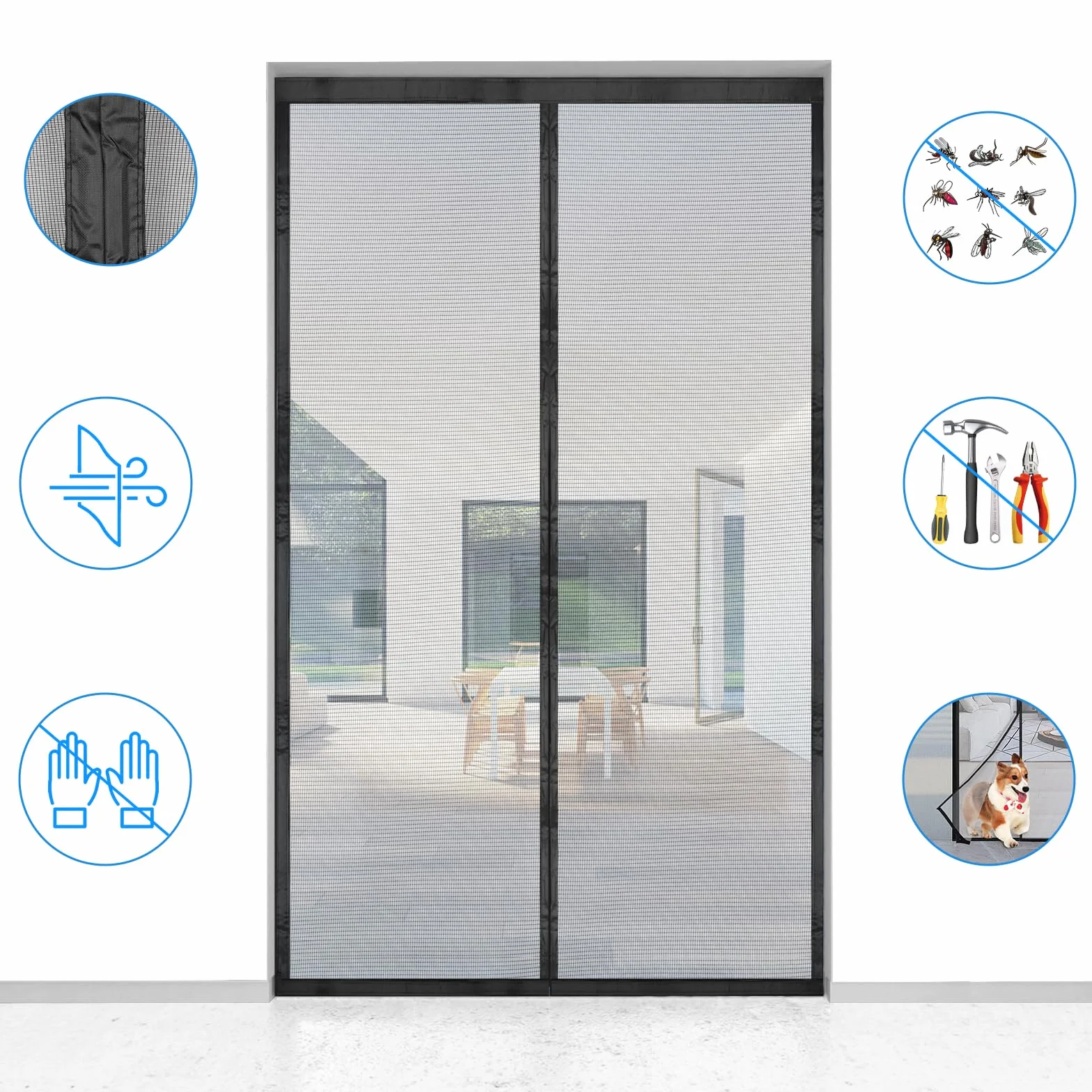 Moustiquaire Porte Fenêtre 120x220 cm Maillage Fine Noire Magnétique Anti Mouche Bande Velcro 3.8 cm