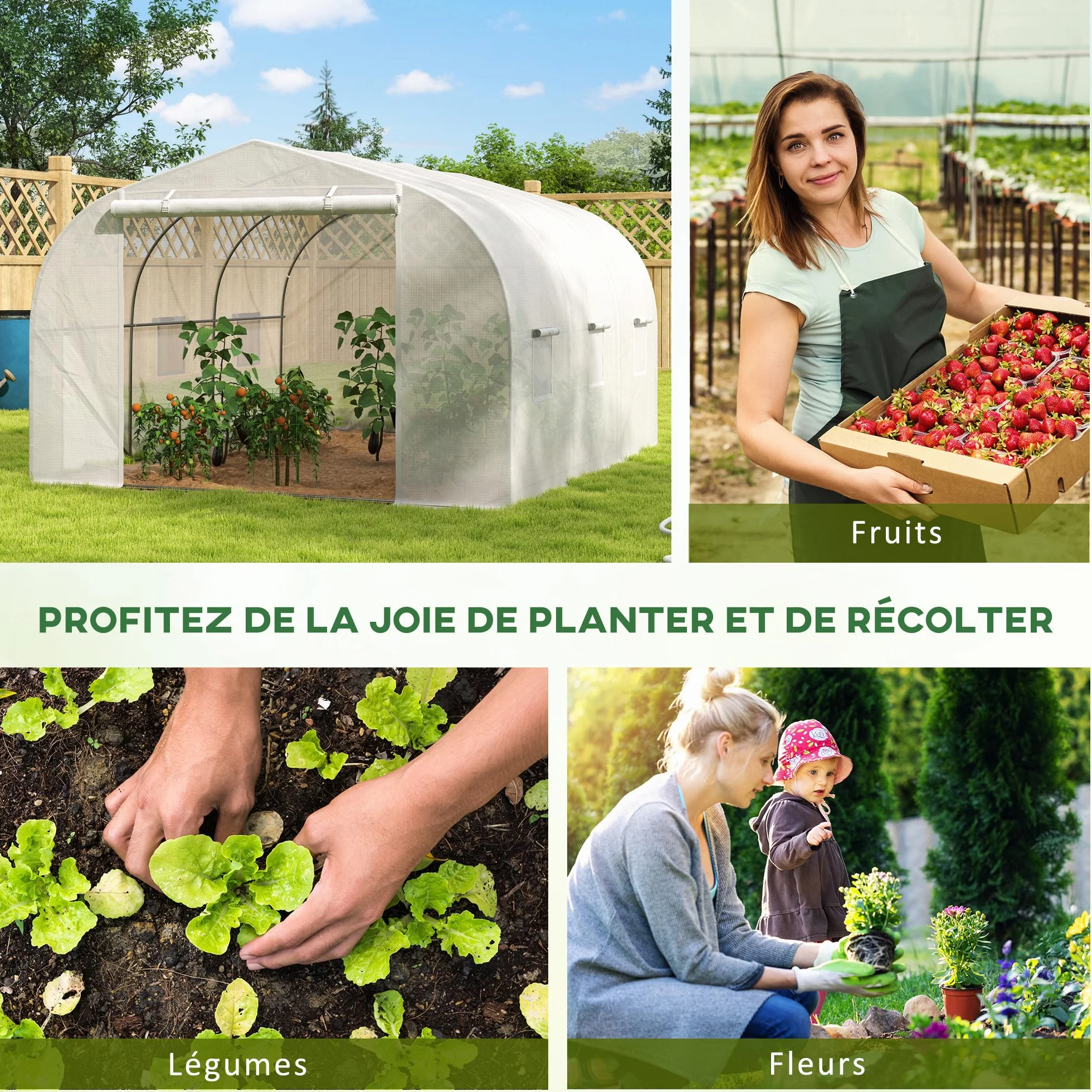 Outsunny Serre de Jardin Serre Tunnel de Jardin dim. 3,5L x 3l x 2H m Porte + 6 fenêtres enroulables Acier galvanisé bâche PE Haute densité Blanc