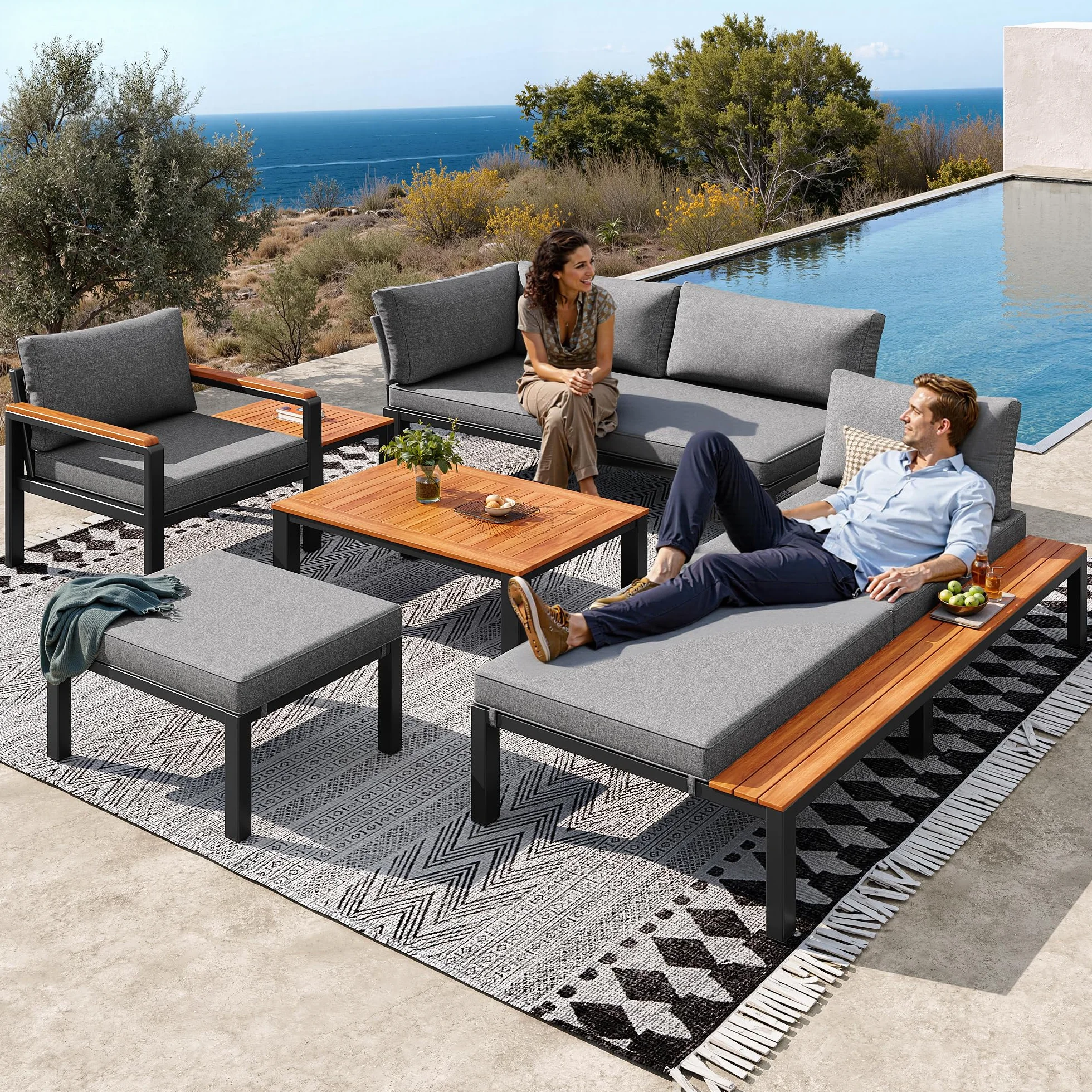 Ensemble de Meubles de Jardin pour 8 Personnes, Table en Bois, Canapé d'Extérieur Gris