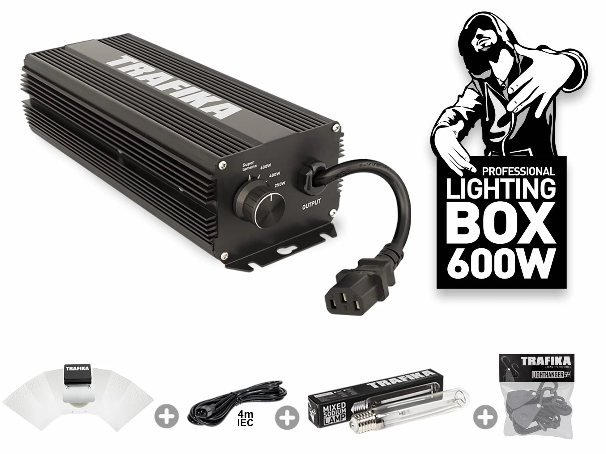 TRAFIKA KIT LUMINAIRE CULTURE BALLAST NUMÉRIQUE 600W: BALLAST NUMÉRIQUE 600W + AMPOULE + 4M CÂBLE + POULIES + RÉFLECTEUR/KIT ÉCLAIRAGE/BALLAST ÉLECTRONIQUE