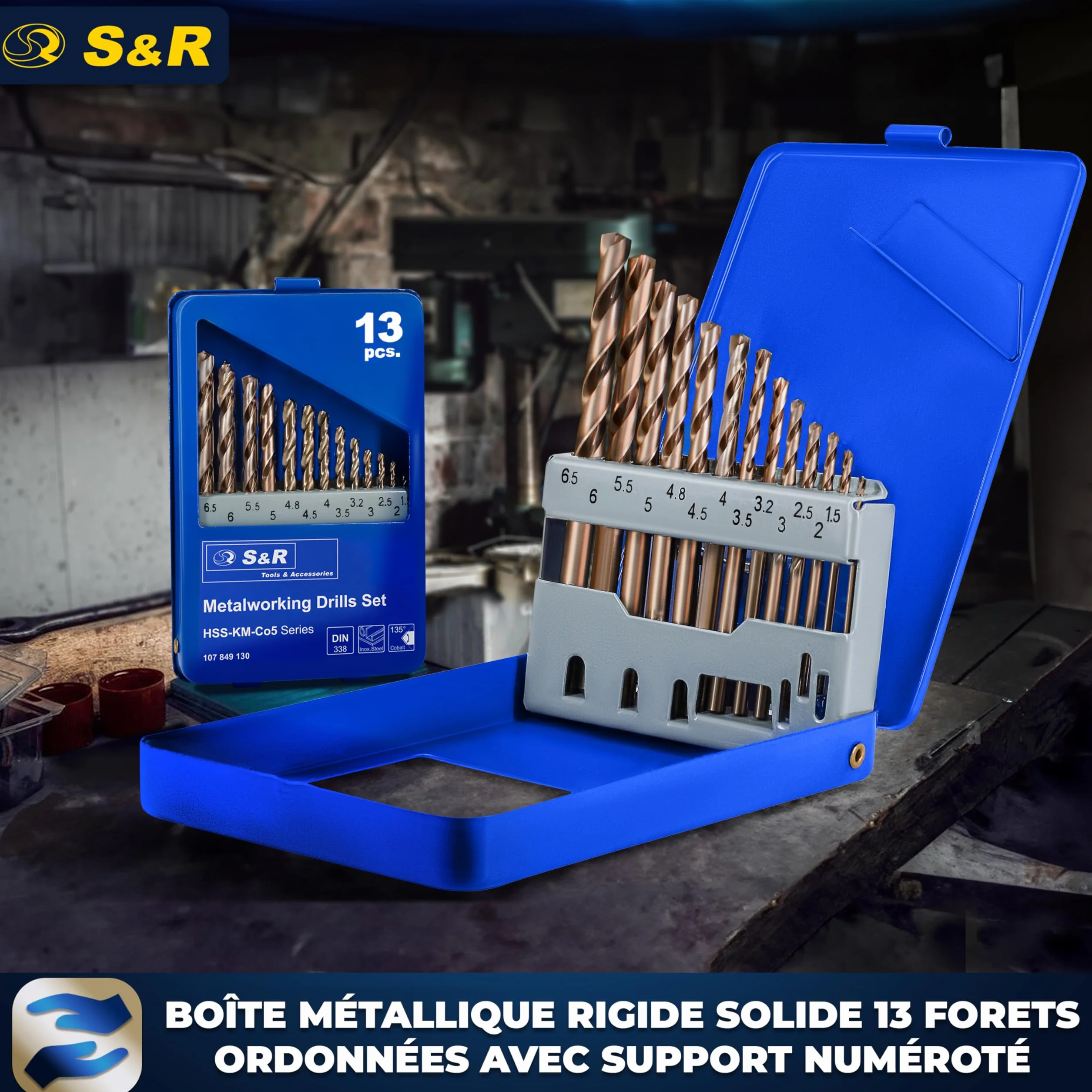S&R Forets à Métaux HSS Cobalt 1-6,5 mm Set 13 Pièces DIN 338 Coffret Métal