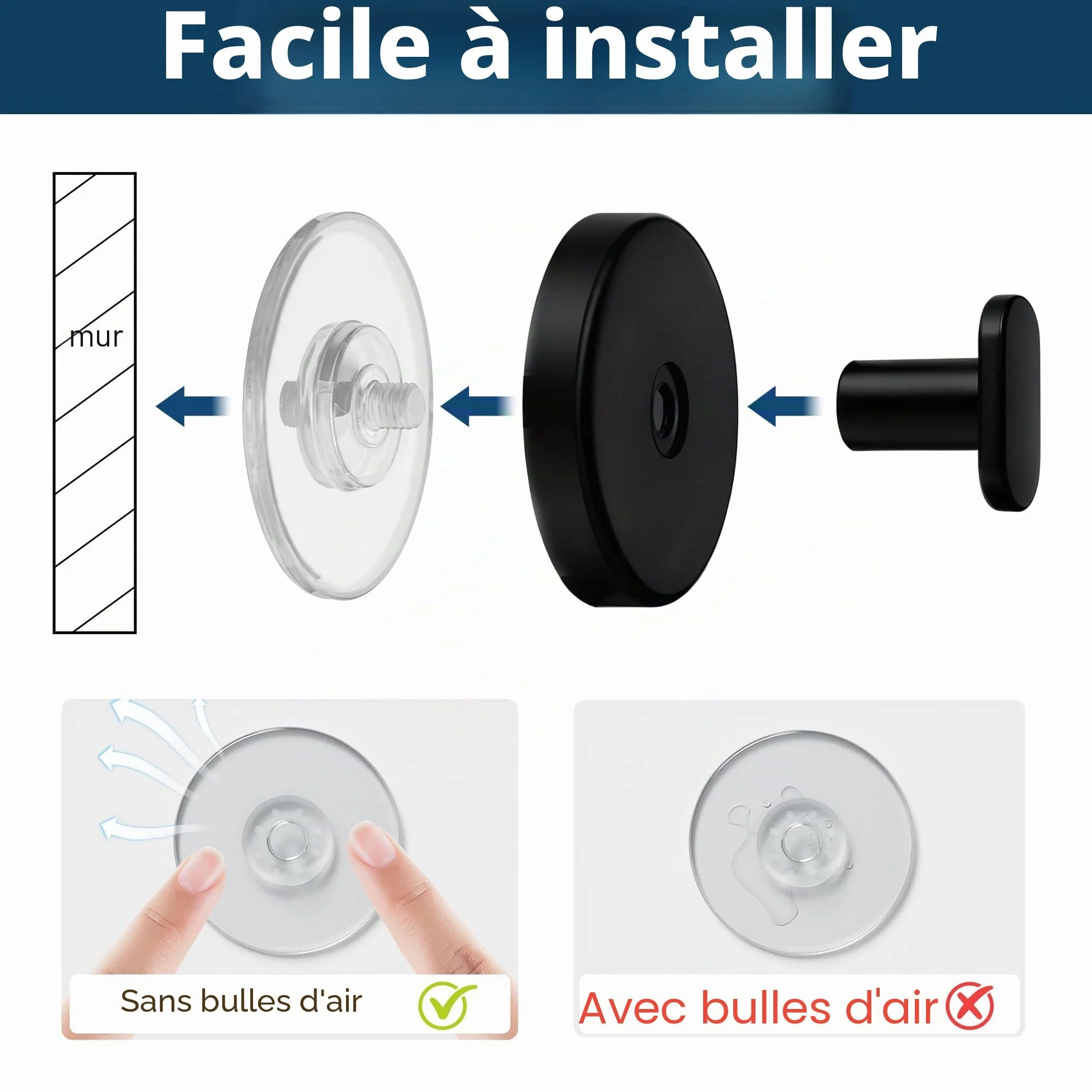 pickpiff Crochets à ventouse pour douche : Support extra fort de 6,8 kg pour salle de bain, cuisine, porte, miroir, carrelage, verre – Serviette, éponge, manteau, peignoir – noir mat, lot de 4
