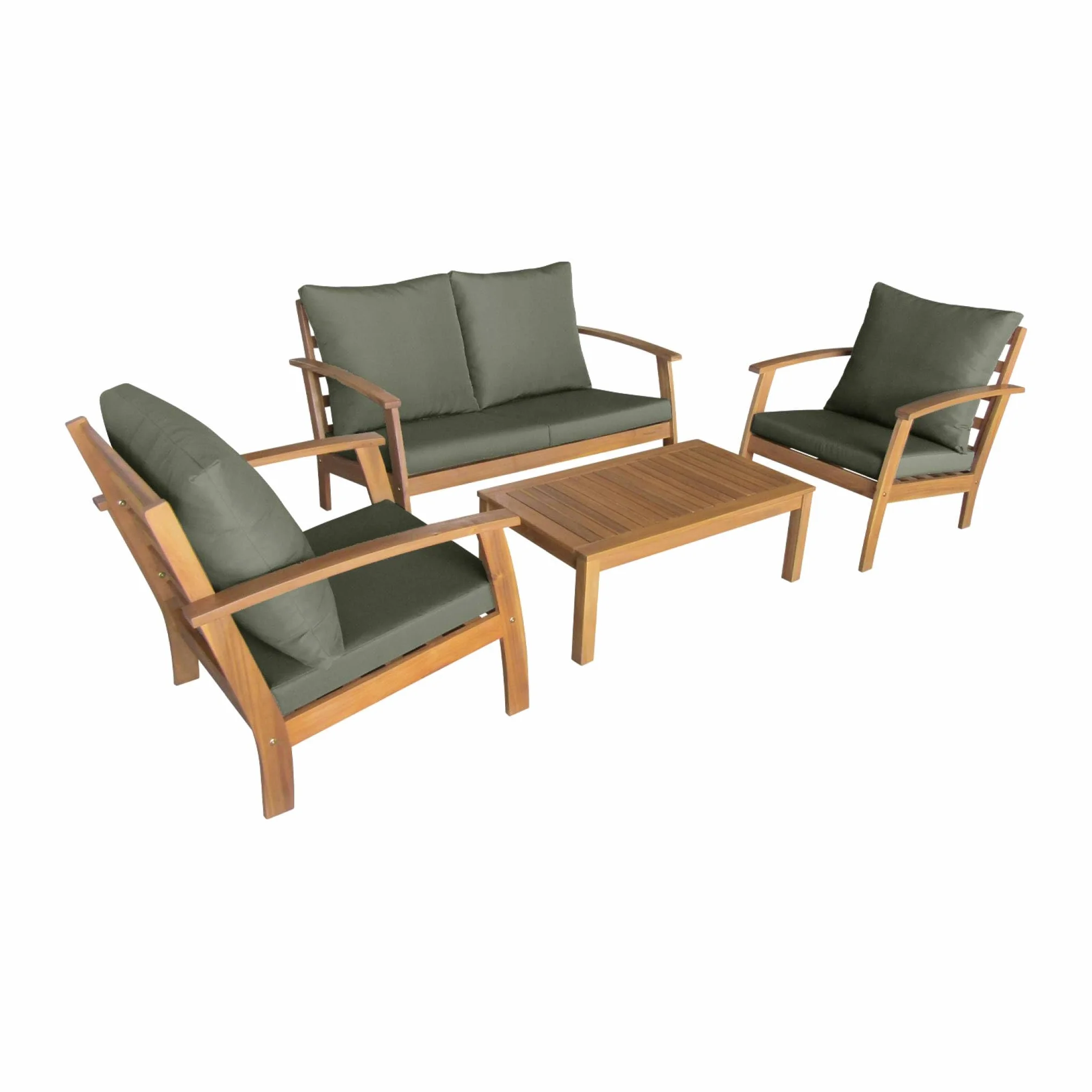 sweeek - Salon de Jardin en Bois 4 Places Coussins Kaki. canapé. fauteuils et Table Basse en Acacia. Design
