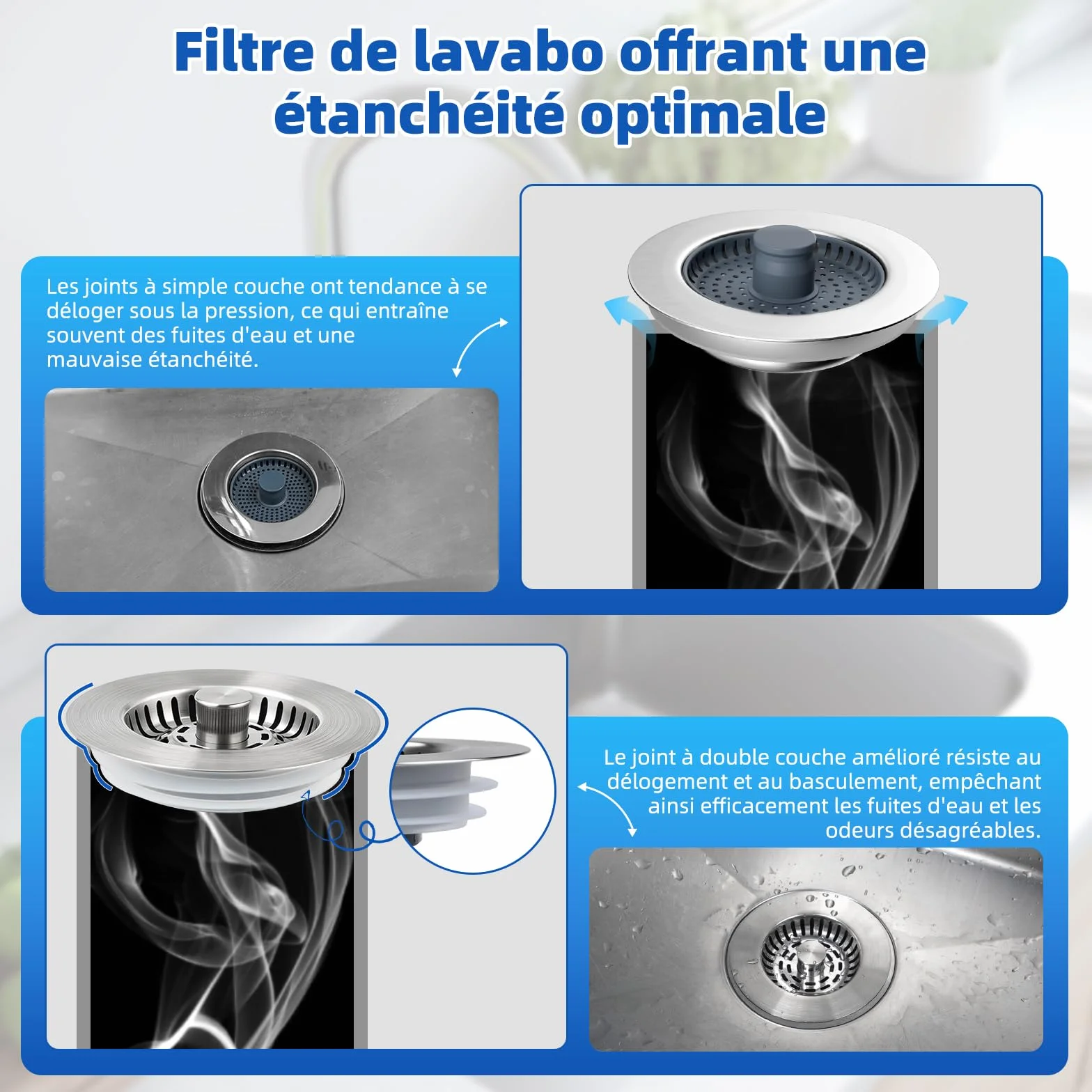 Hibbent Bouchons Évier Cuisine 3 en 1 Améliorés, Crépine Acier Inoxydable avec Base ABS, Double Joint Caoutchouc, Anti-Bouchage, Anti-Odeurs, Profondeur 28 mm, Nickel Brossé