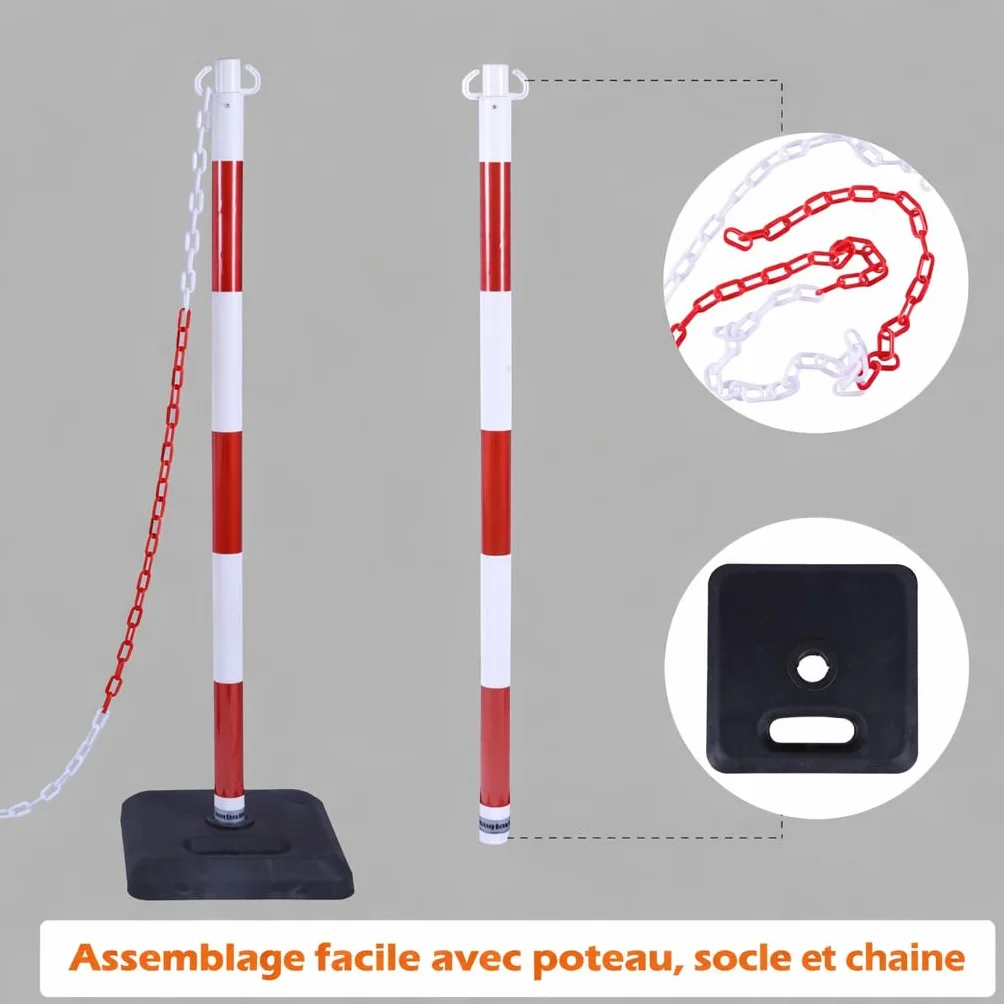 Poteau Délimiteur de Trafic 40''/100cm avec Chaîne 20FT/600cm et Base Remplissable Sable/Eau 4 Pièces