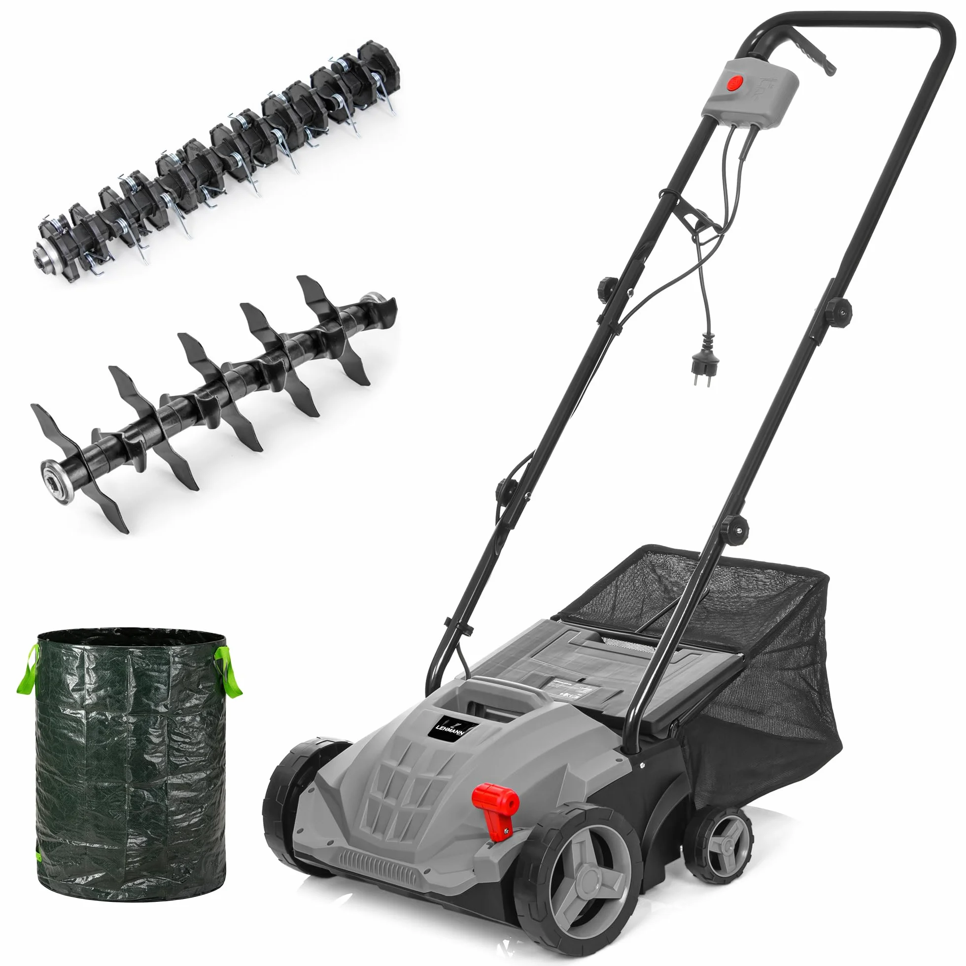 Lehmann Scarificateur électrique 2-en-1, 1500 W, Largeur de Travail 32 cm, Réglage de Profondeur sur 4 Niveaux, 3000 TR/Min, Bac 30 L, Rouleaux à 20 Lames et d’Aération, Gris