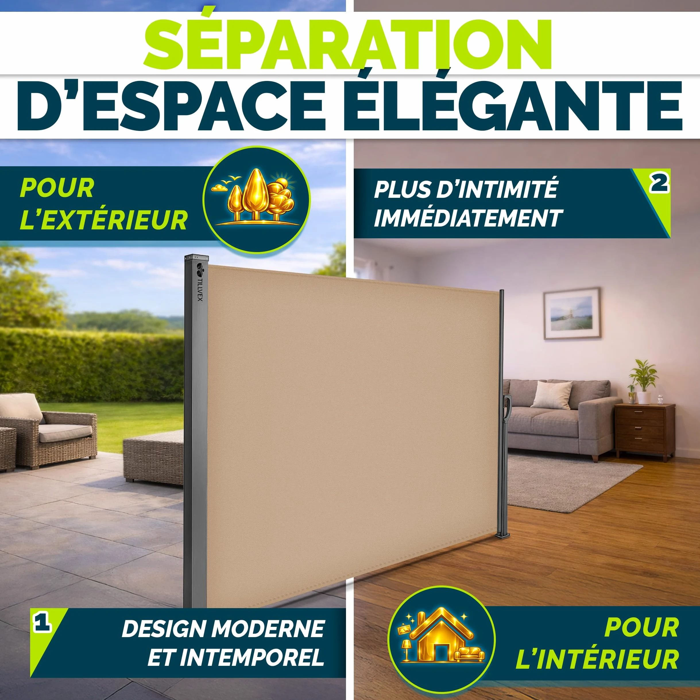 tillvex® Store latéral 160 x 400 cm extensible et opaque avec Housse de protection | Brise-vue pour balcon, jardin et terrasse | Support mural | Protection solaire en acier inoxydable | Contre le vent