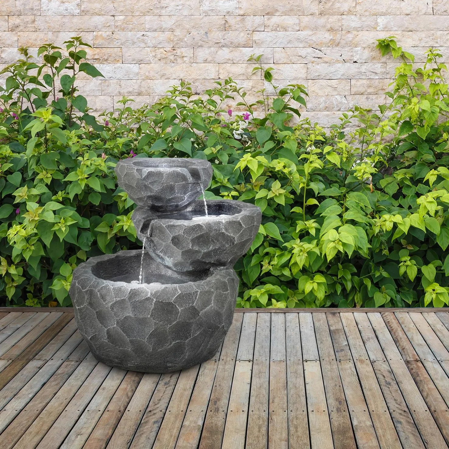 blumfeldt Murach - Fontaine Solaire en Cascade, Fontaine de Jardin, éclairage LED, Panneau Solaire 2kW, Patterie 2000mAh, en polyrésine résistante au Gel