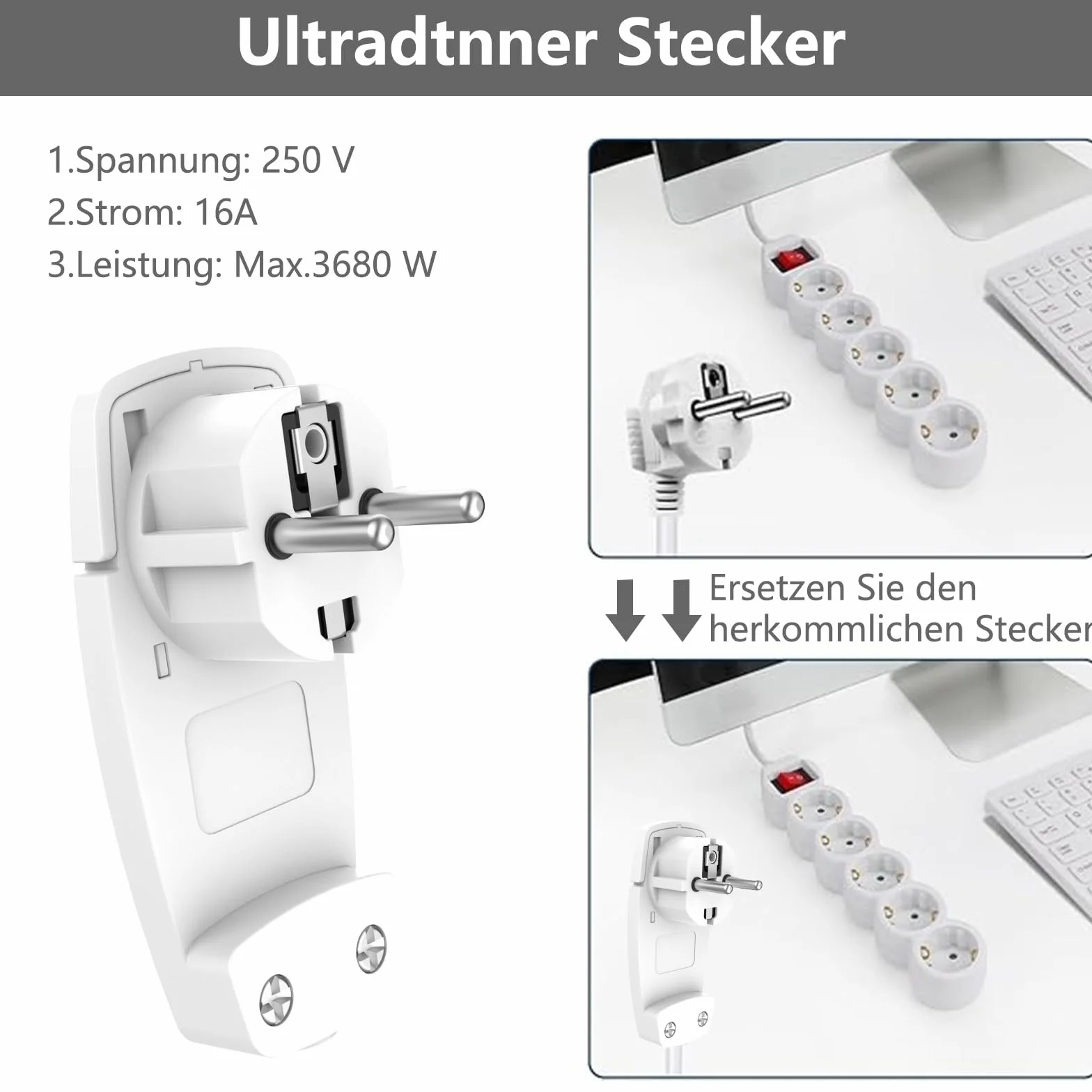 Prise Extra Plate Blanche 2 Pièces Schuko IP20 250V 16A avec Poignée Rabattable