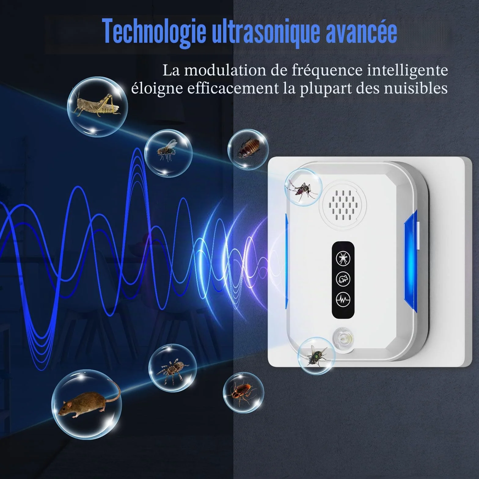 Ultrason Souris et Rats, 4 Pcs Intérieure Repulsif Souris avec 4 Modes Appareil Ultrason pour Nuisible Repousse Rats Moustiques Araignées Mouches Punaises Sûr pour Enfants et Animaux