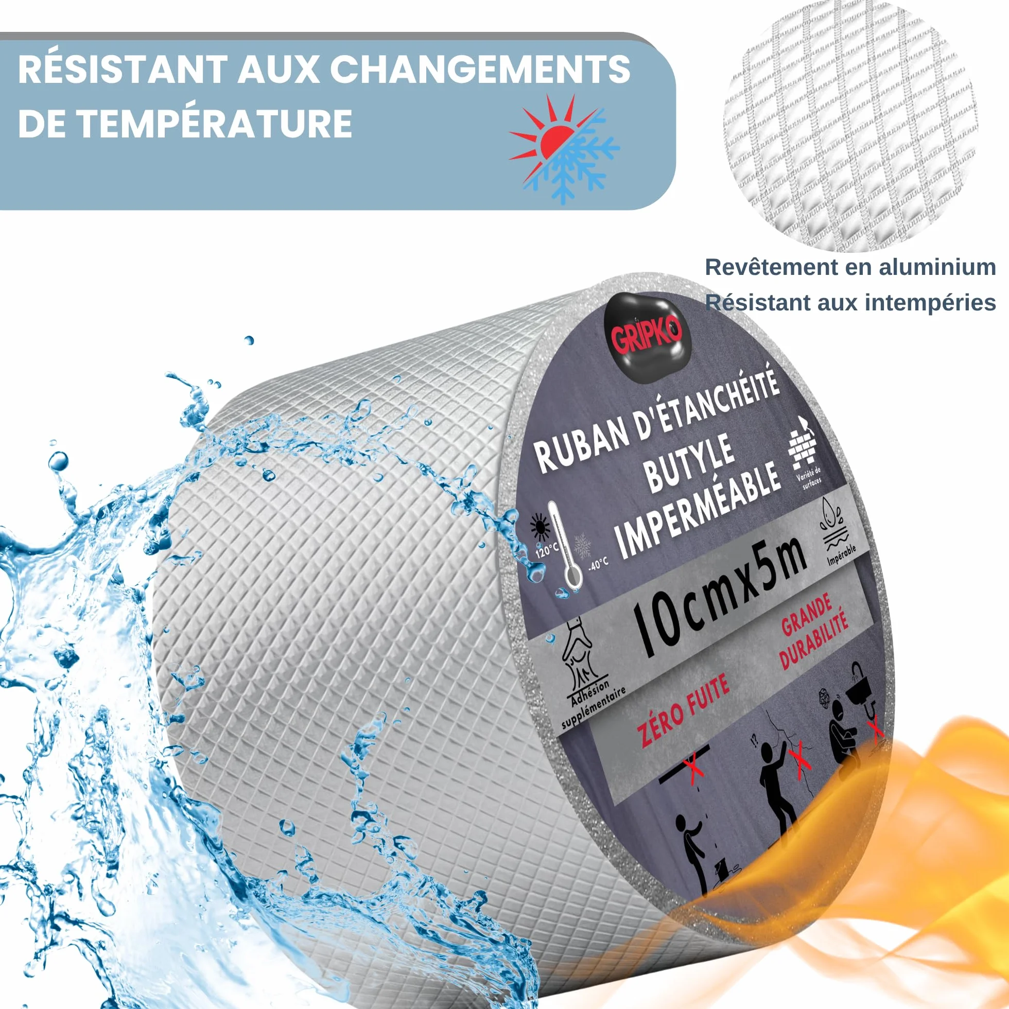 Ruban Butyle 10cm x 5M Bande d'Étanchéité Impermeable Autocollant Aluminium Réparation Tuiles Fissures Fuites Adhésif
