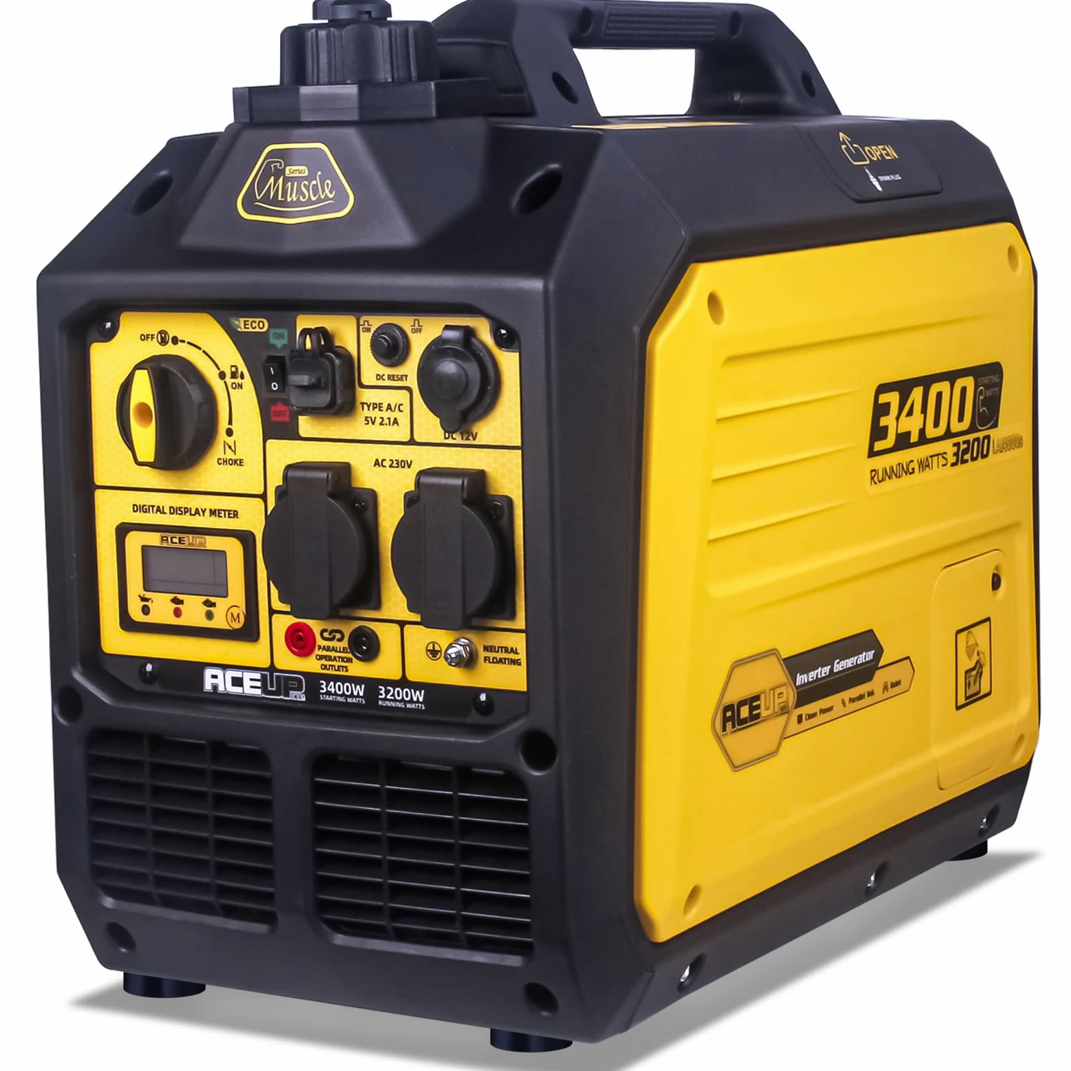 Aceup Energy 3400 W Générateur à onduleur, générateur à essence, générateur de secours avec prises de courant CA 230 V, 12 V et 5 V, moteur 4 temps, réservoir de 5 litres, pour le camping, la maison
