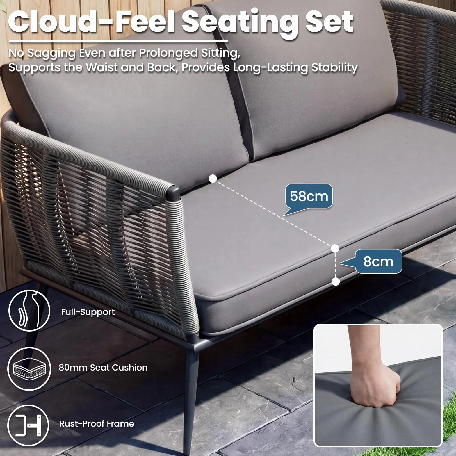 LIFERUN Canapé de Jardin 2 Places en Résine Tressée avec Coussins d'Assise et de Dossier, Banc de Jardin avec Accoudoirs, pour Balcon, Terrasse, Jardin, Piscine, Intérieur et Extérieur, Gris