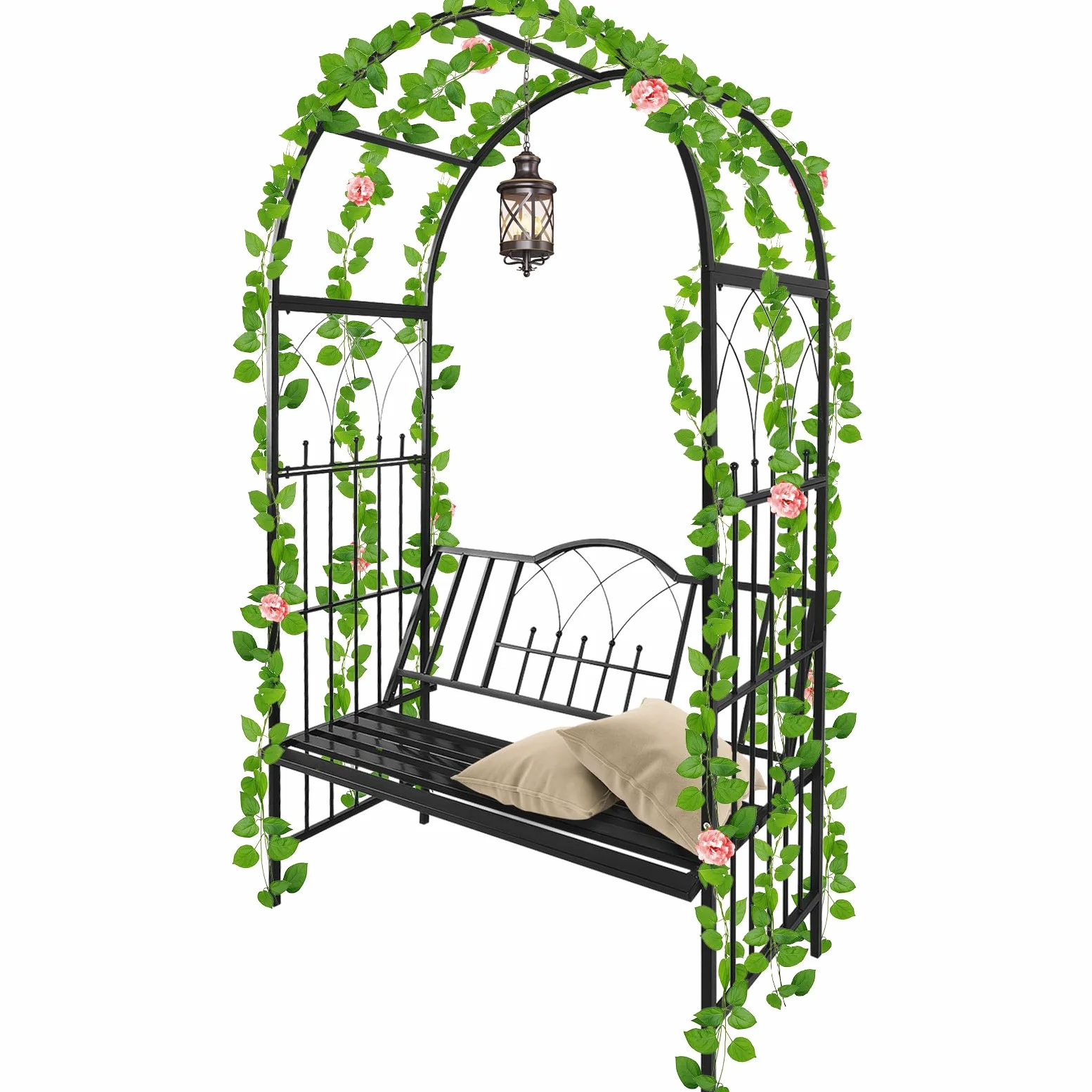 Kalolary Tonnelle Jardin Robuste en Métal avec Banc, Siège pour Plante Grimpante et Support d'Escalade pour Vignes et Fleur, Pavillon Arc de Jardin pour Extérieur