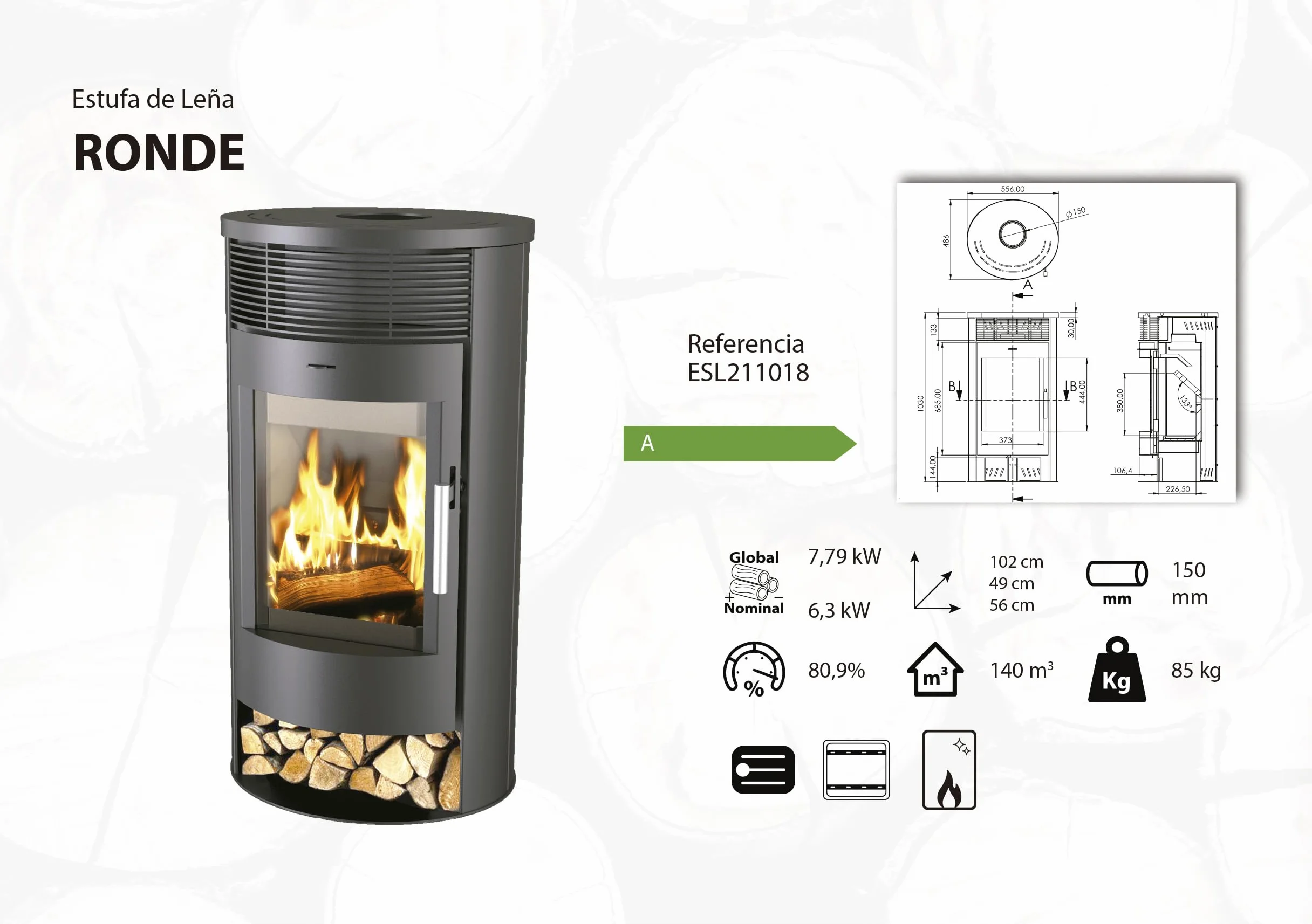EIDER BIOMASA Poêle à bois 7,79 kW Compact 102 x 49 x 56 cm Design japonais Classe A