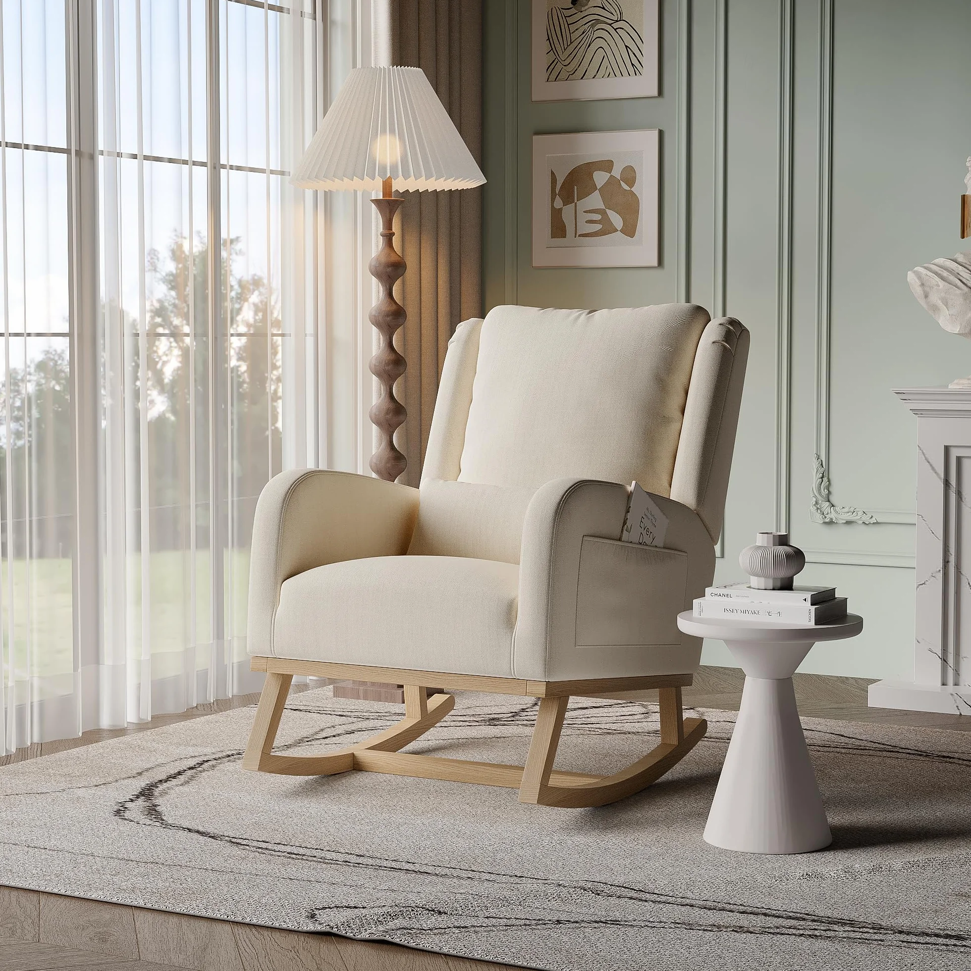 Fauteuil à Bascule,Chaise à Bascule Bois Rocking Chair Exterieur avec Dossier Fauteuil Allaitement pour Chambre à Coucher Salon Balcon (Lin, Beige)
