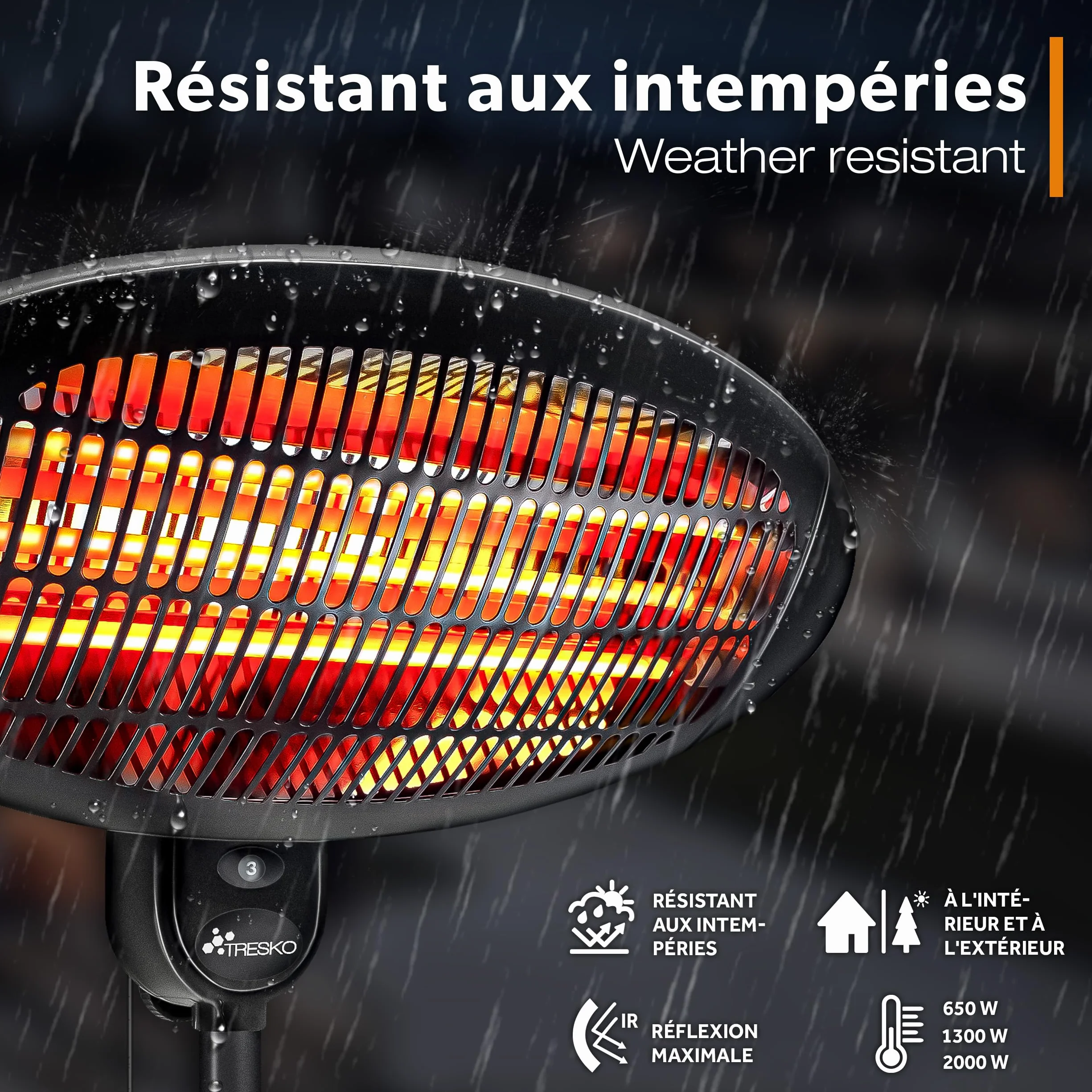 TRESKO Radiateur infrarouge sur pied 2000W Chauffage radiant électrique extérieur 3 Niveaux de Chaleur